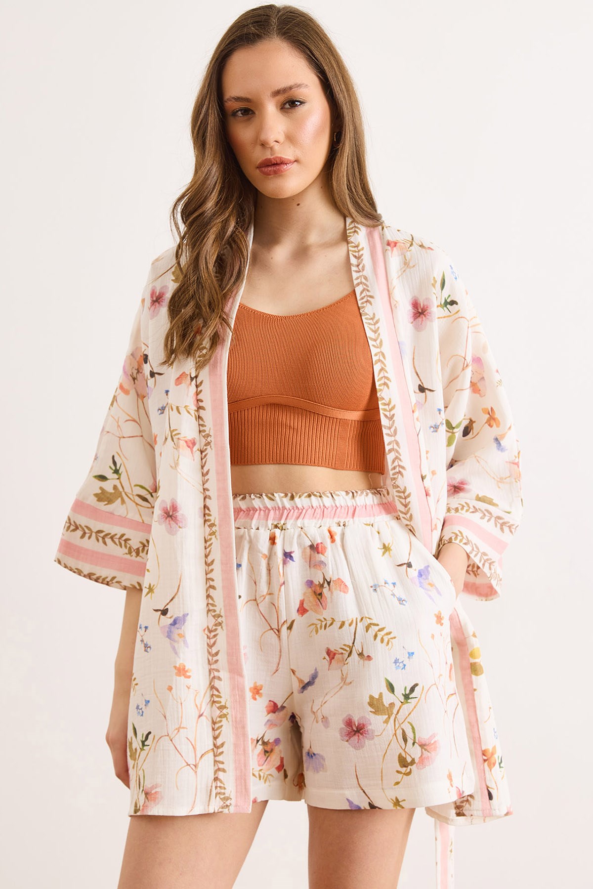 Desenli Müslin Kimono Ekru