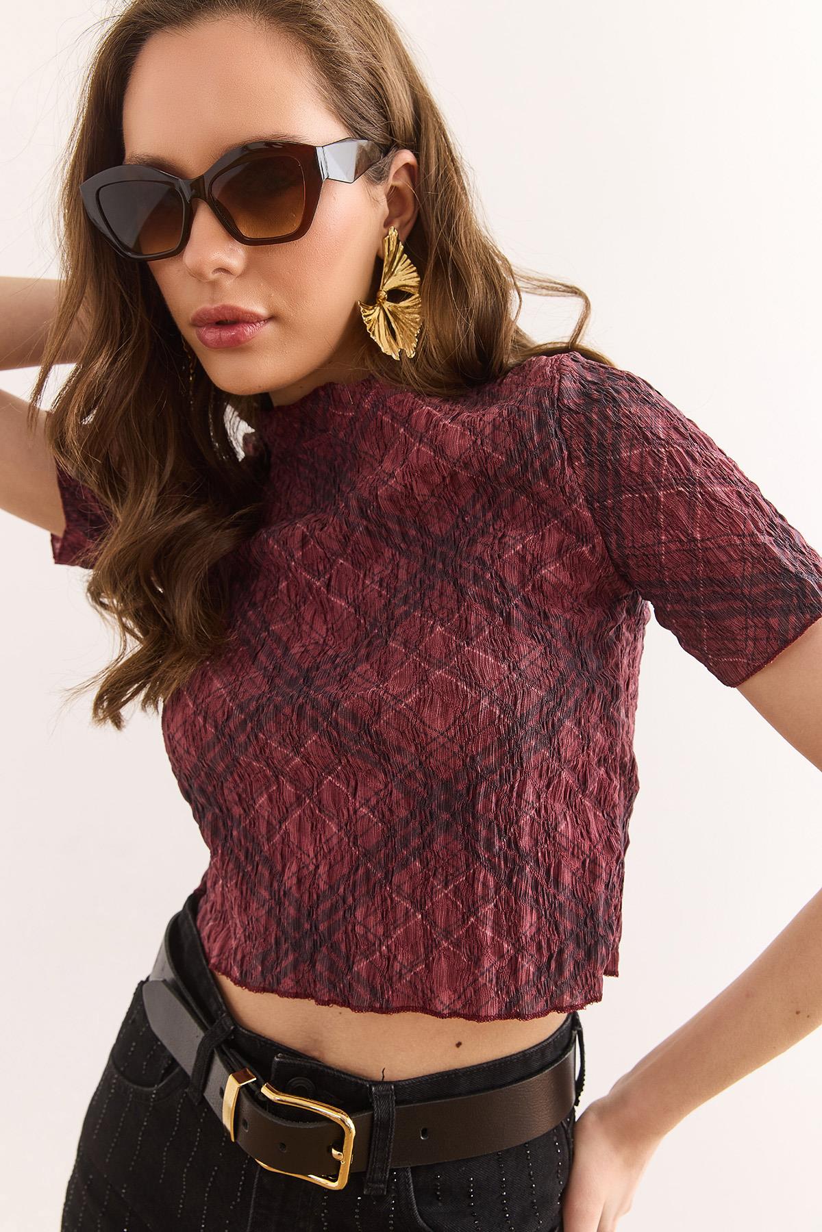 Dijital Baskılı Crop Bürümcük Bluz Bordo