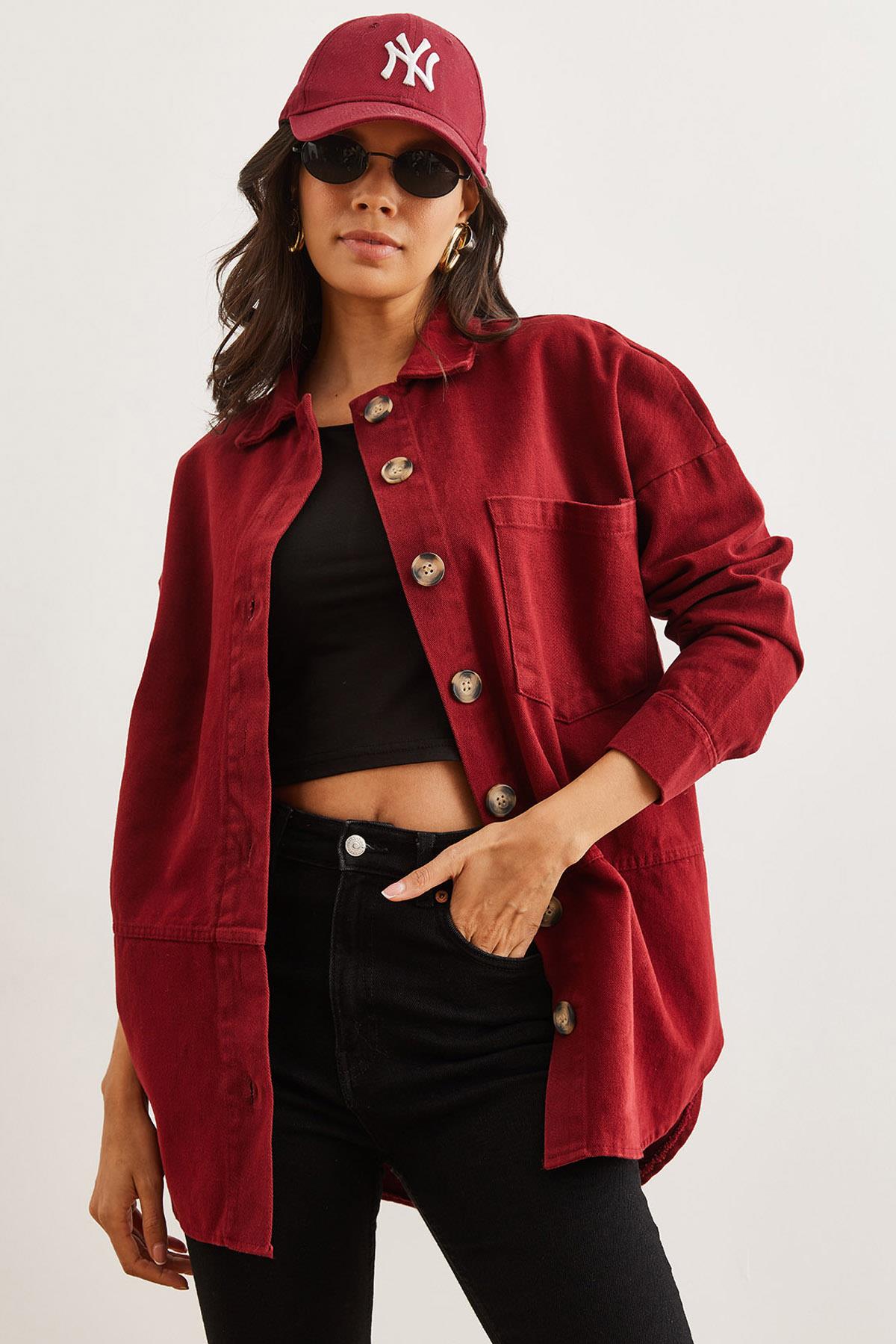 Dikiş Detaylı Gabardin Gömlek Bordo