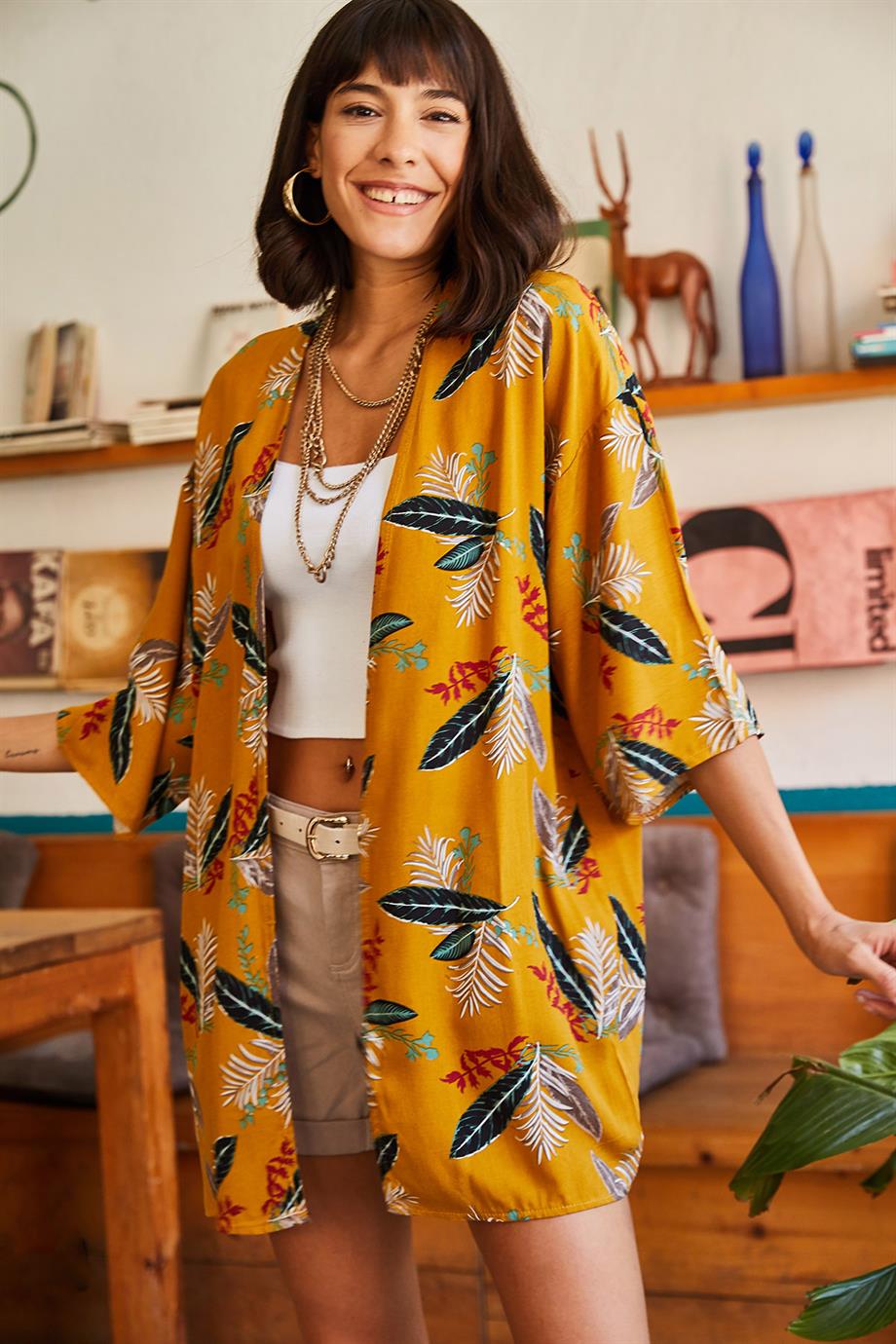 Dokuma Viskon Kimono Hardal Yaprak
