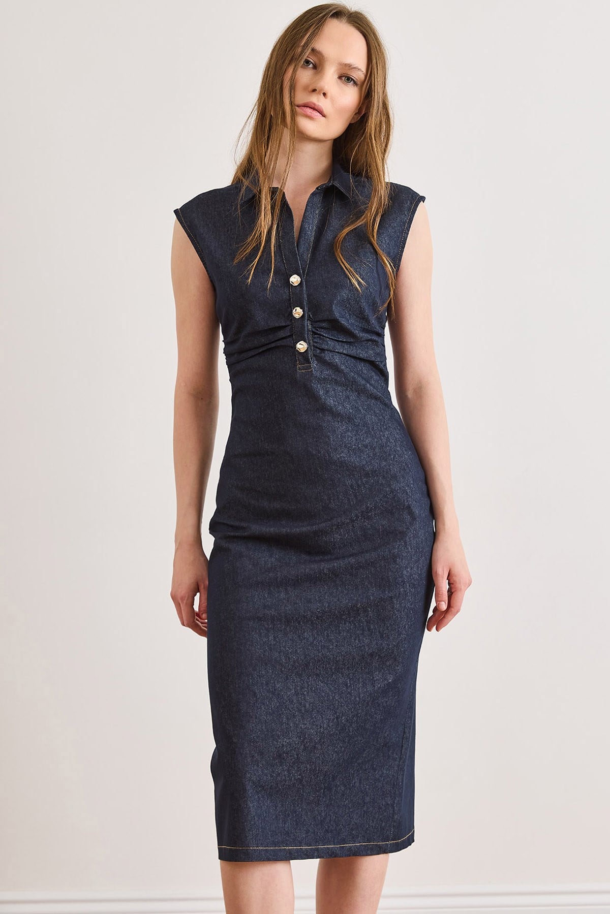 Drape Detaylı Likralı Midi Denim Elbise Lacivert