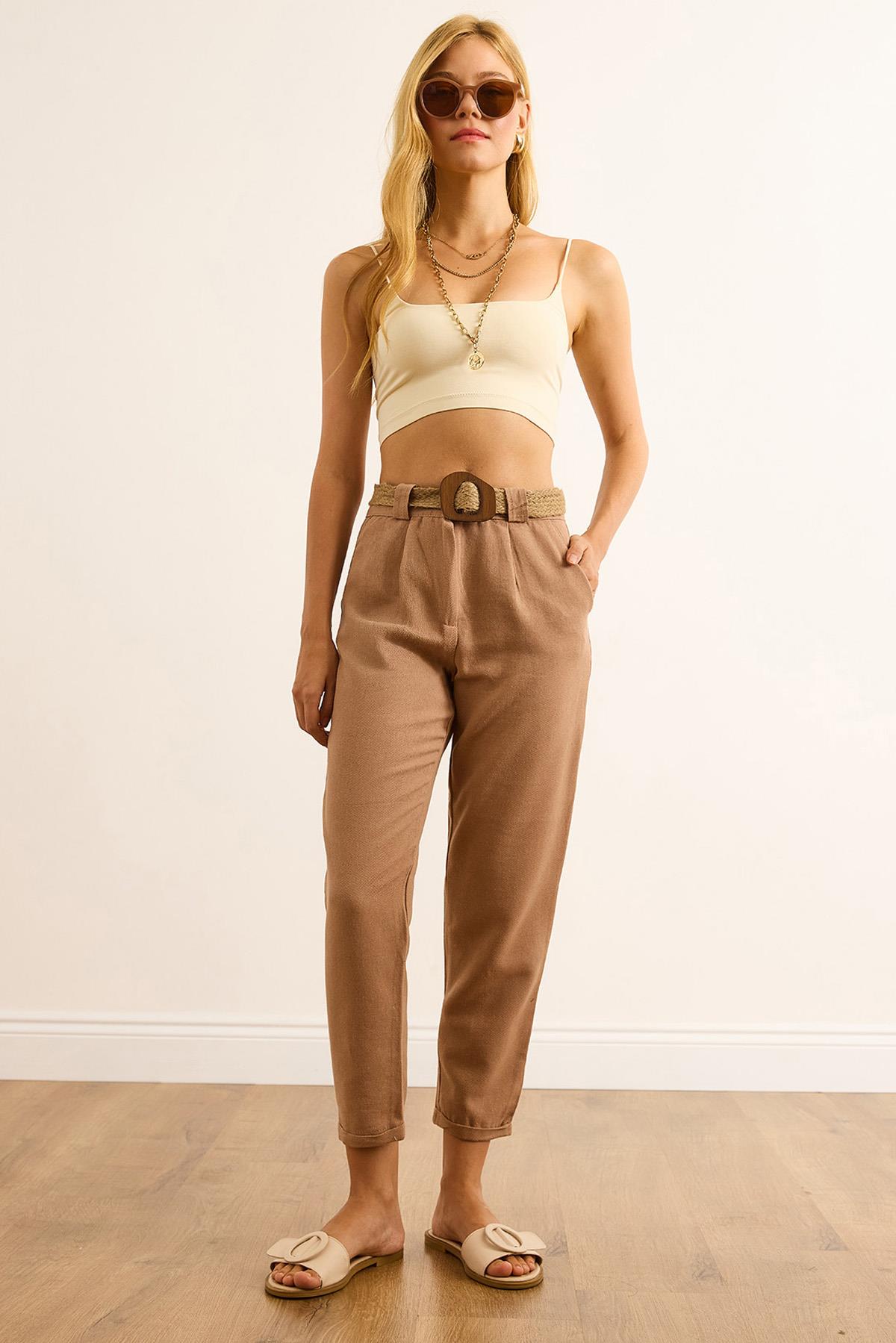 Duble Paça Kemerli Keten Havuç Pantolon Camel