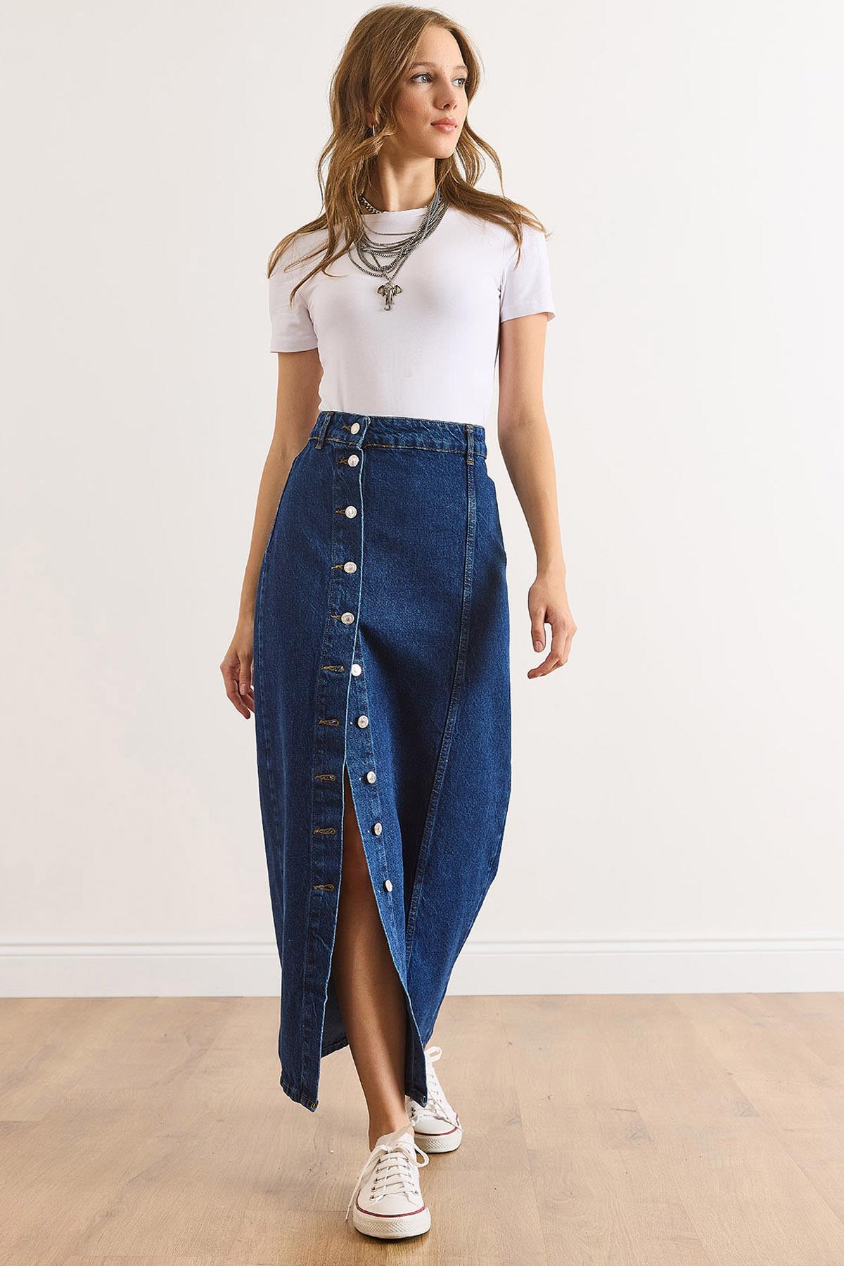 Düğme Detaylı Uzun Denim Etek Koyu Mavi