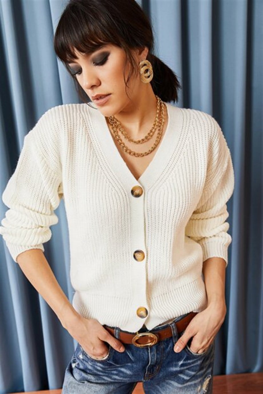 Düğmeli Hırka Ekru