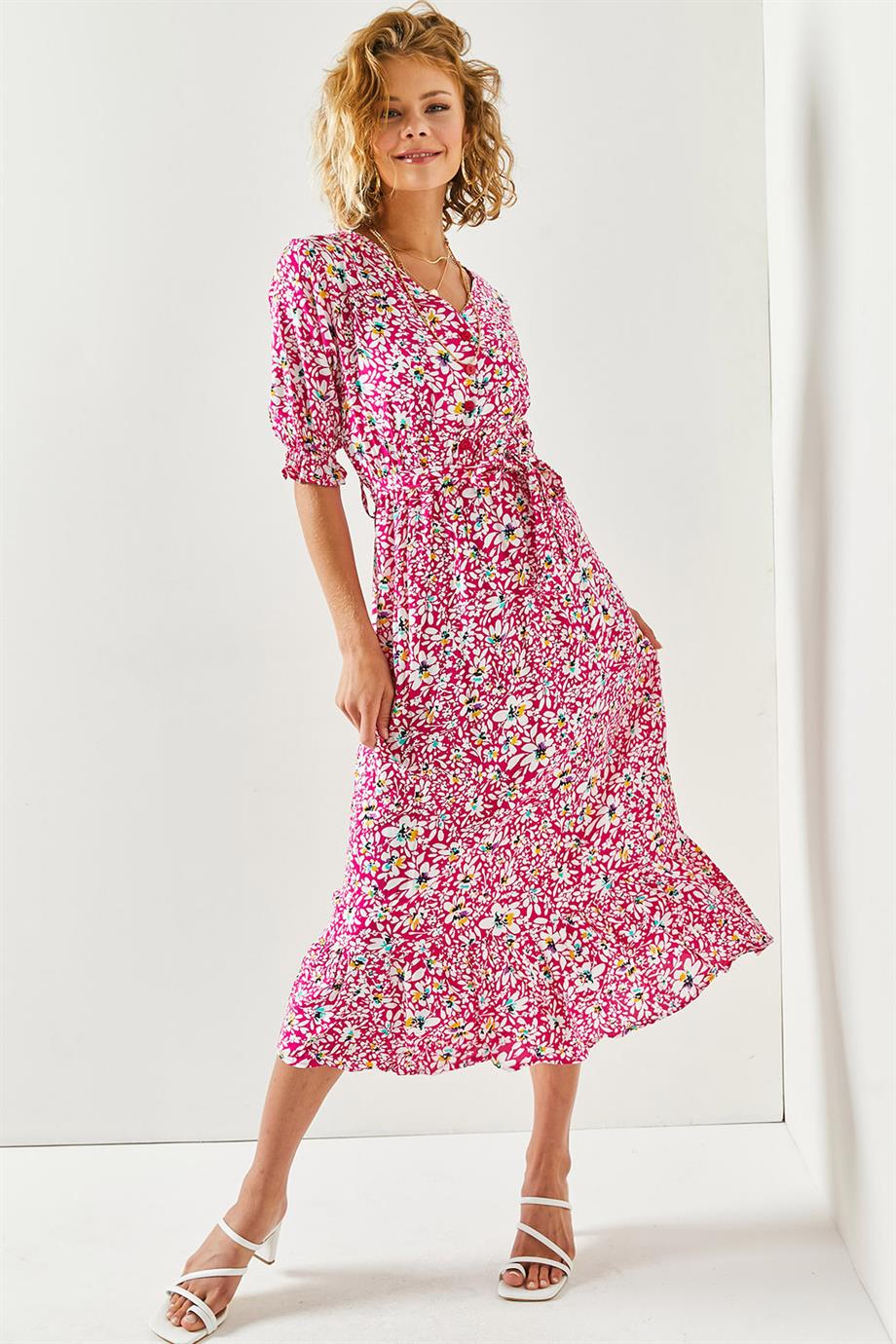 Düğmeli Kuşaklı Kol Detaylı Dokuma Viskon Elbise Fuşya Sarı Beyaz
