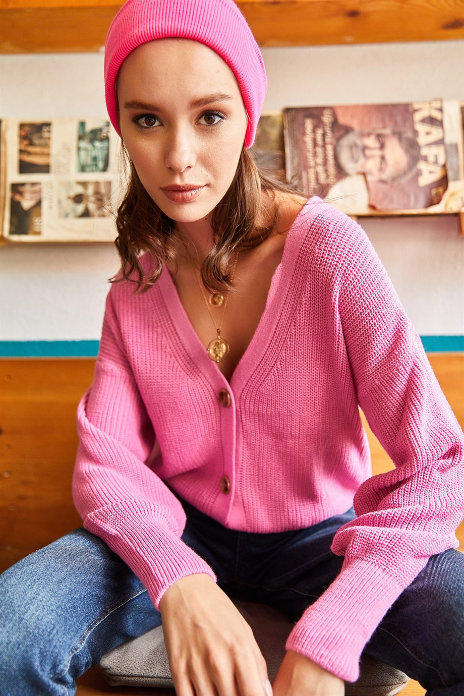 Düğmeli Triko Hırka Şeker Pembe