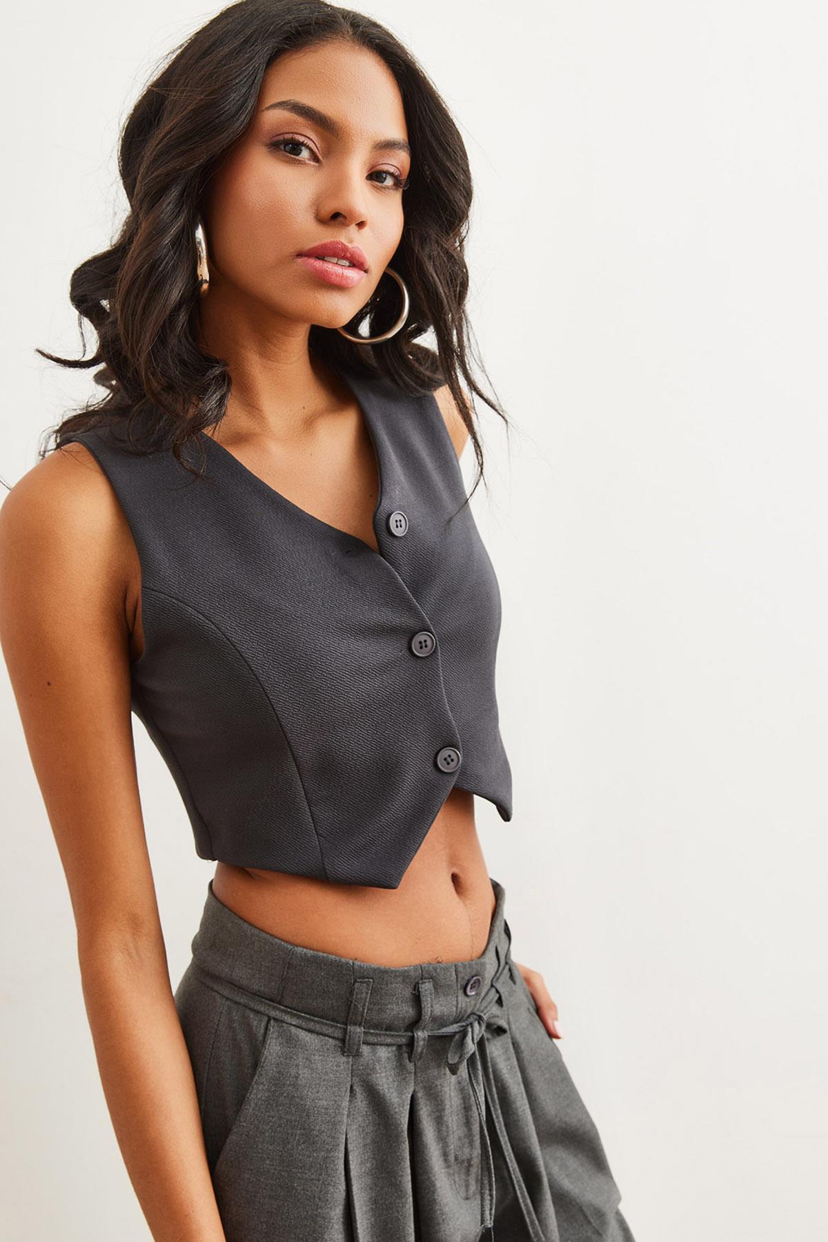 Düğmeli V Yaka Crop Örme Yelek Füme
