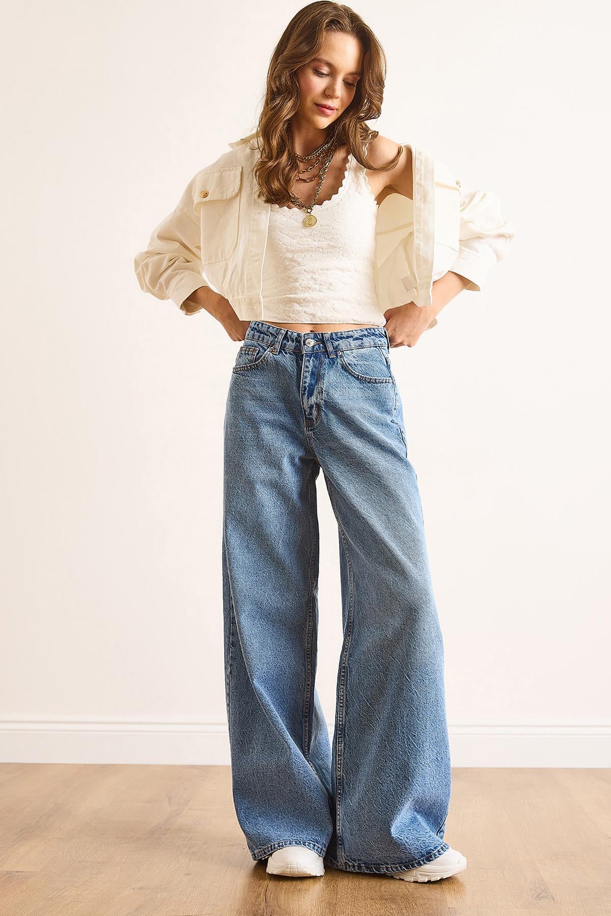 Düşük Bel Wide Leg Jean Mavi