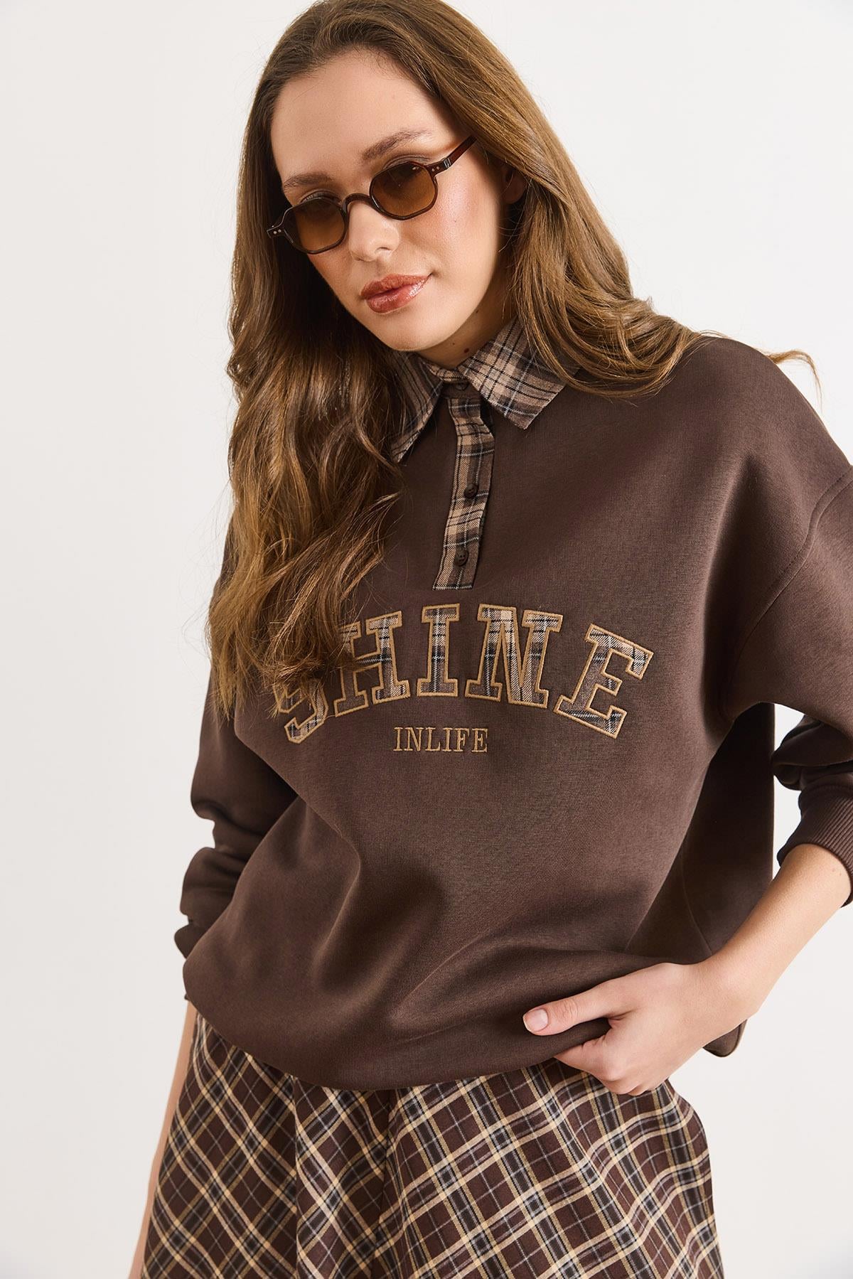 Ekose Detaylı Şardonlu Kalın Sweatshirt Kahverengi