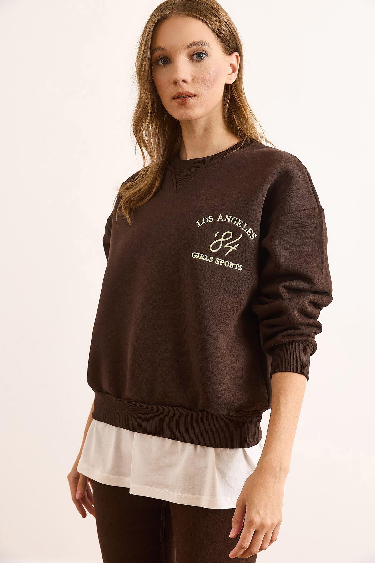 Eteği Garnili Yaka Detaylı Şardonlu Kalın Sweatshirt Kahverengi