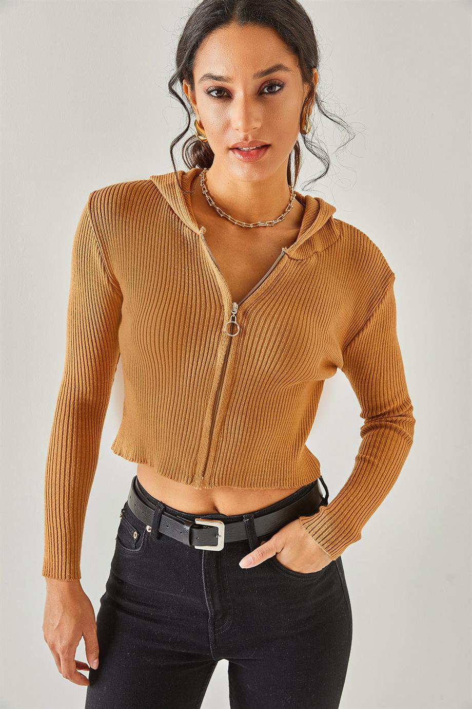 Fermuarlı Kapüşonlu Crop Triko Hırka Bisküvi