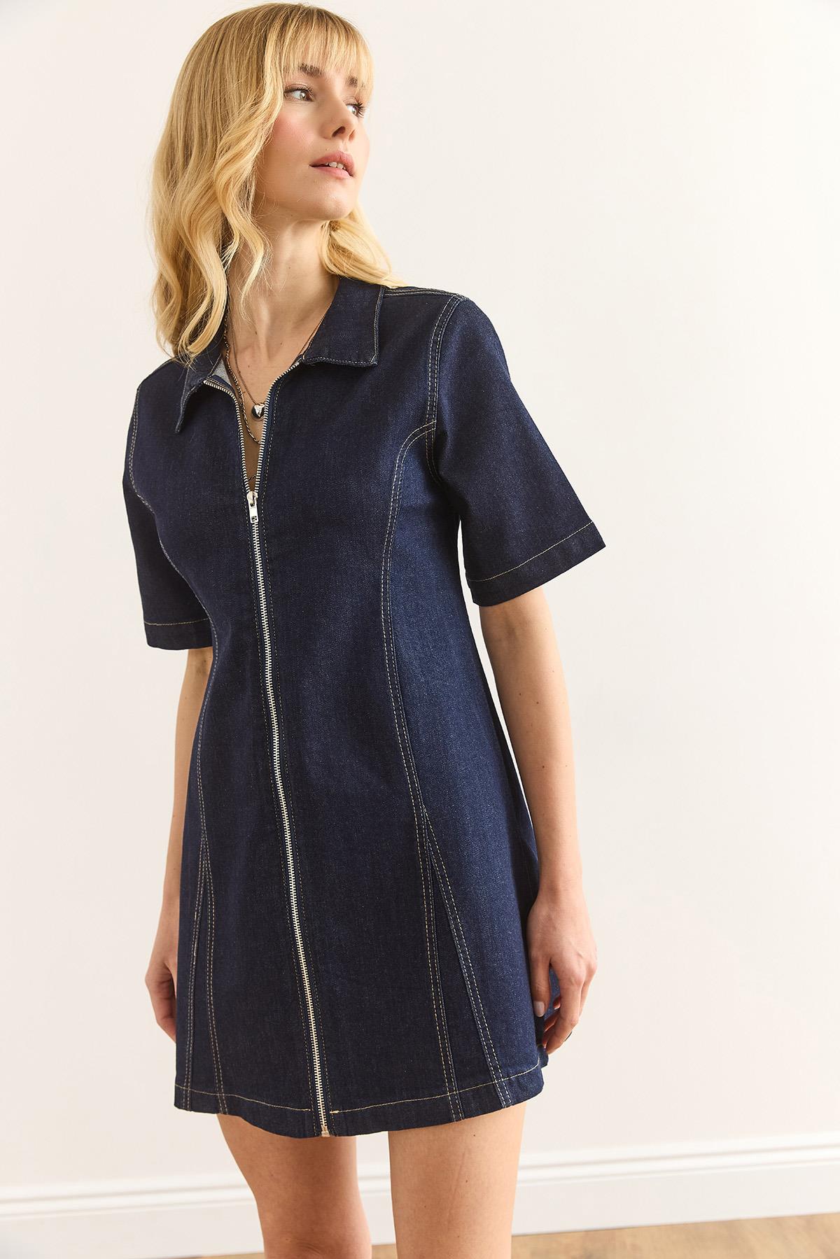 Fermuarlı Mini Denim Elbise Lacivert