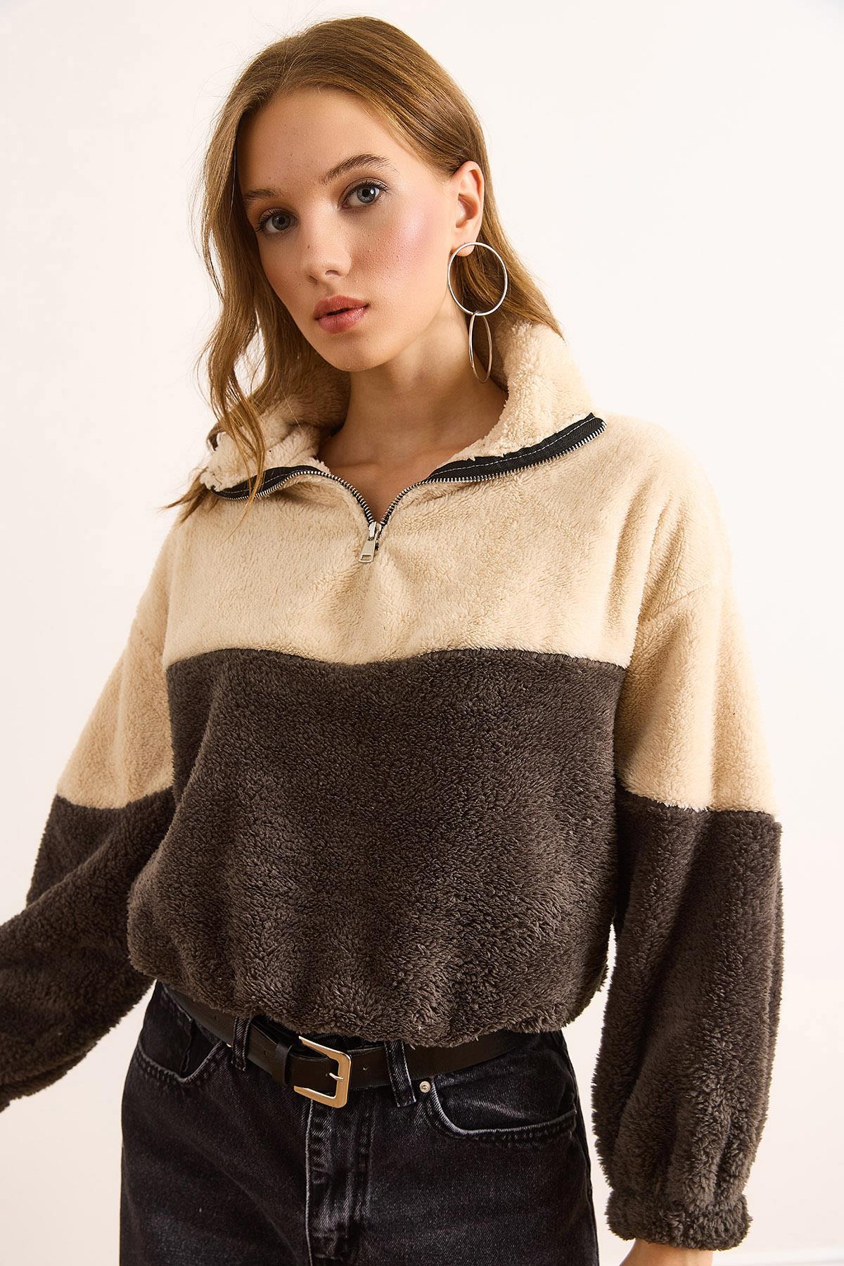 Fermuarlı Renk Bloklu Peluş Sweatshirt Antrasit Ekru
