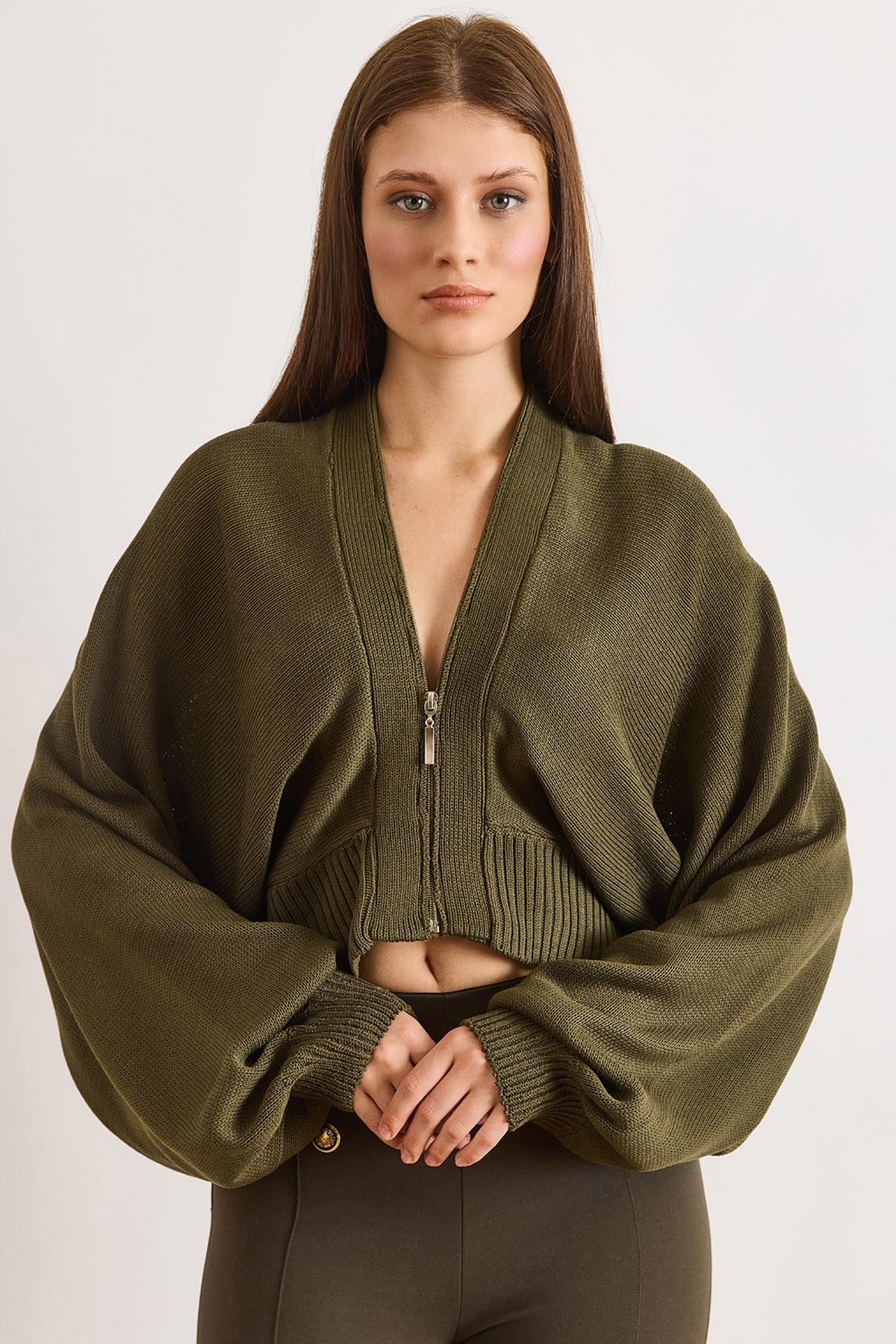 Fermuarlı Yarasa Loose Fit Hırka Yeşil