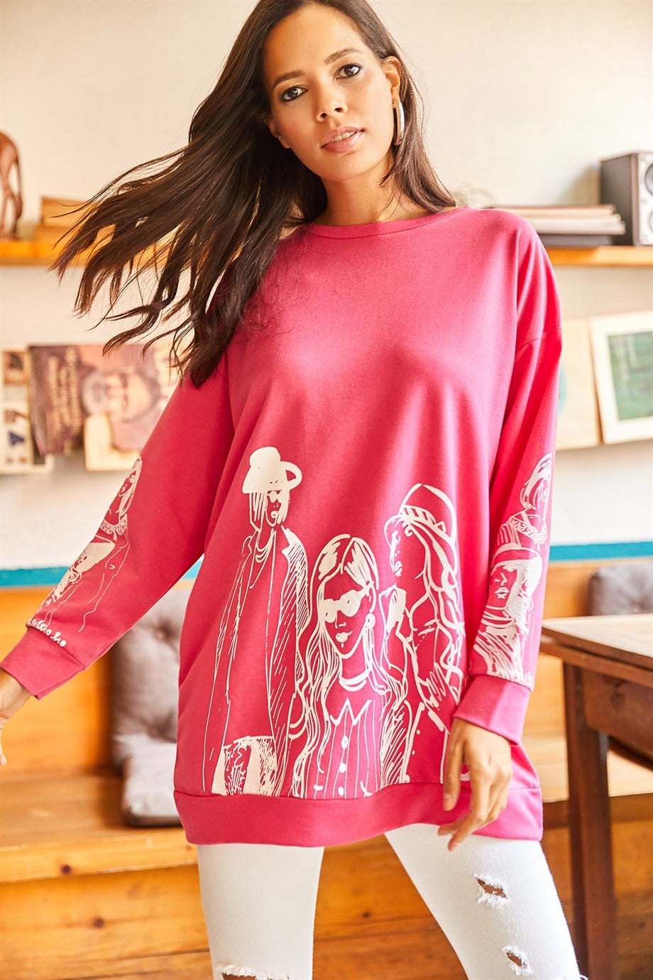 Figürlü Oversize Sweatshirt Fuşya