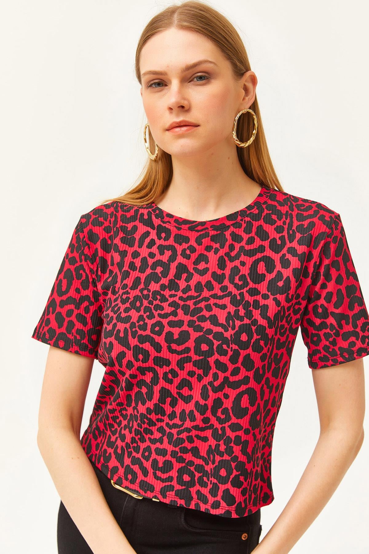 Fitilli Crop Örme Tişört Leopar Fuşya
