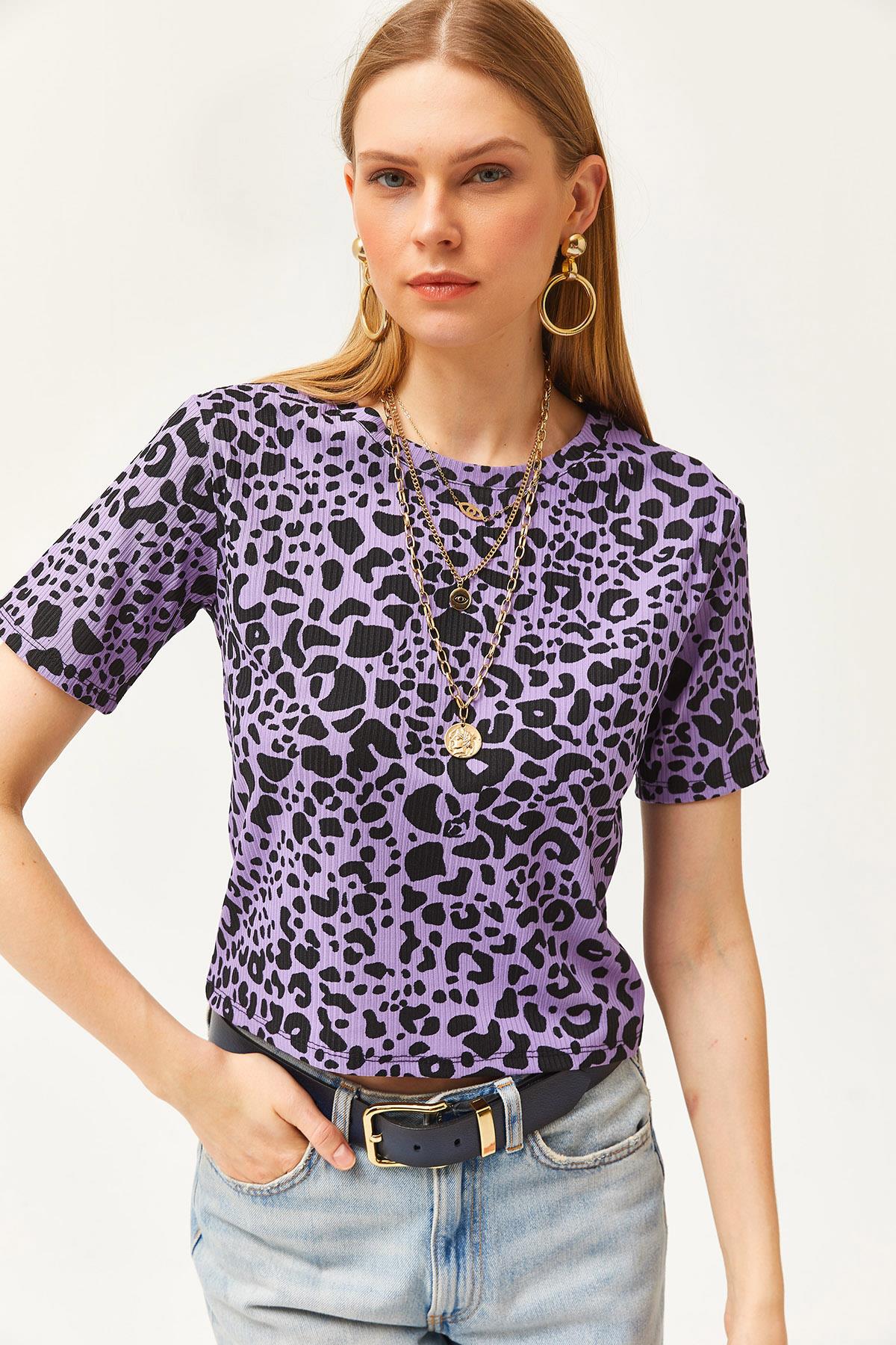 Fitilli Crop Örme Tişört Leopar Lila
