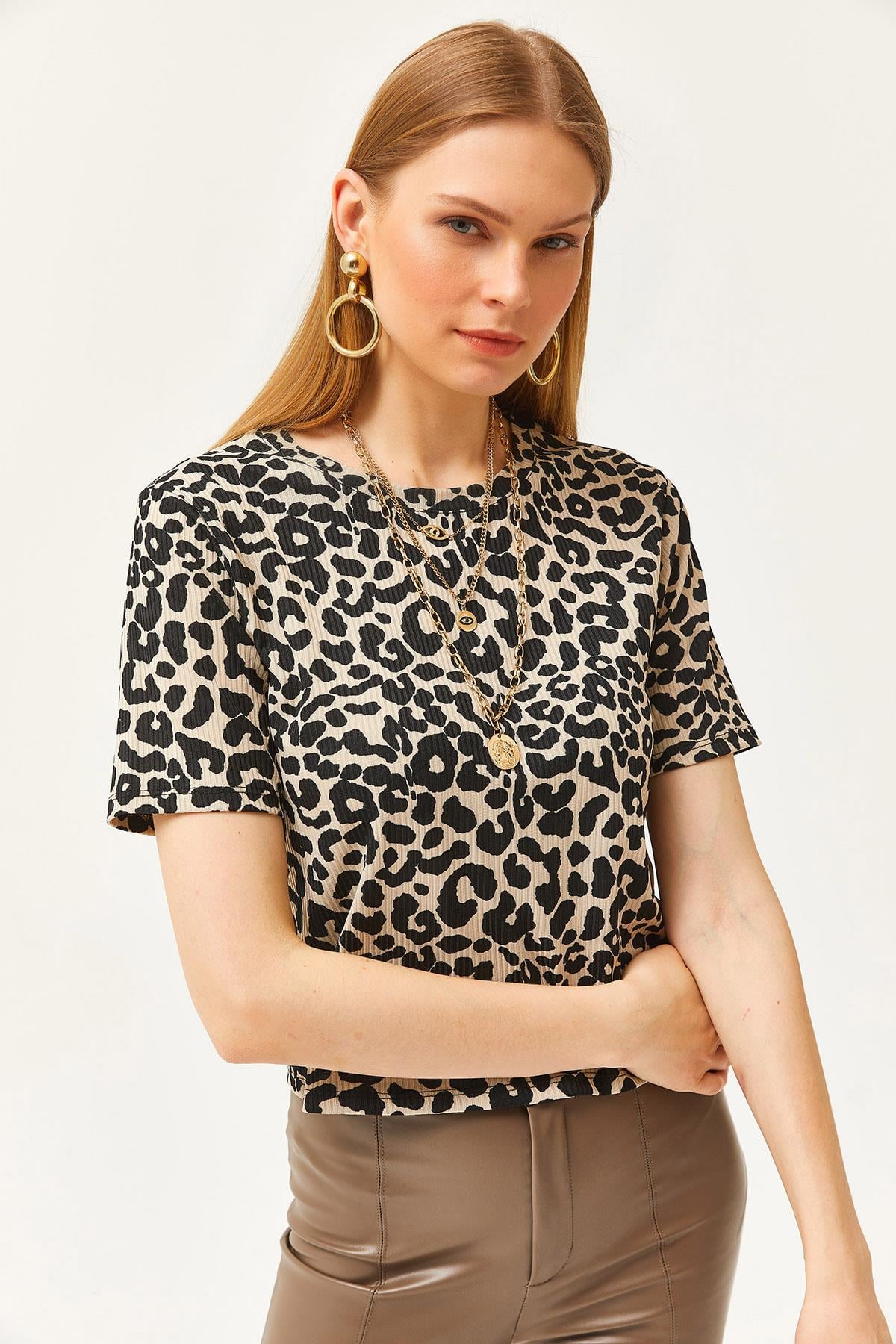 Fitilli Crop Örme Tişört Leopar Taş
