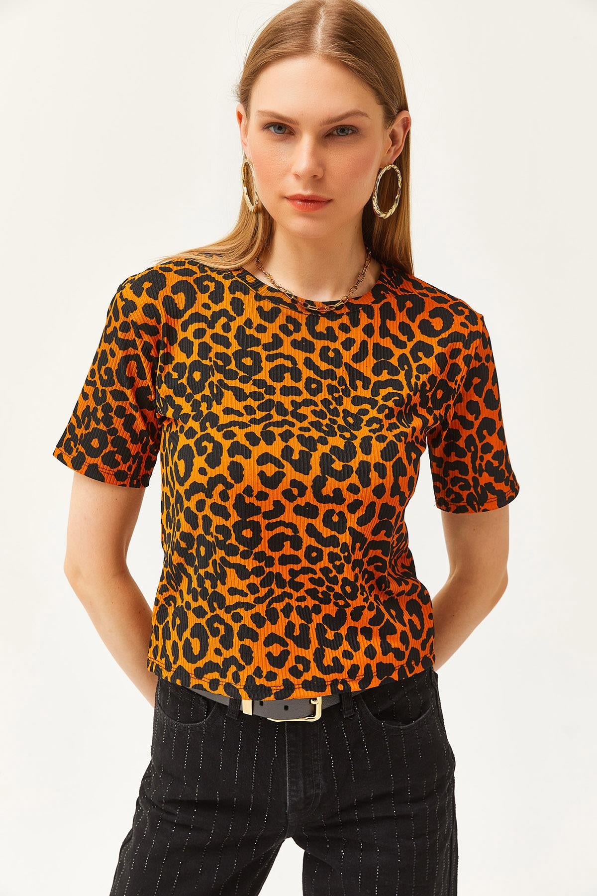 Fitilli Crop Örme Tişört Leopar Turuncu
