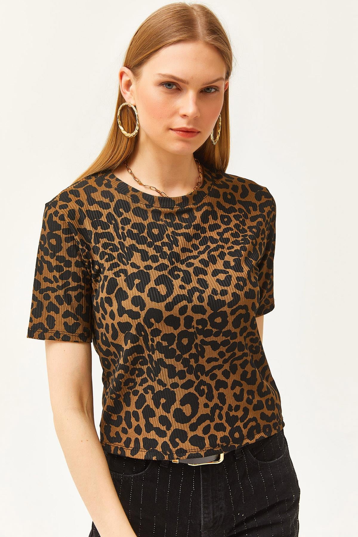 Fitilli Crop Örme Tişört Leopar Vizon