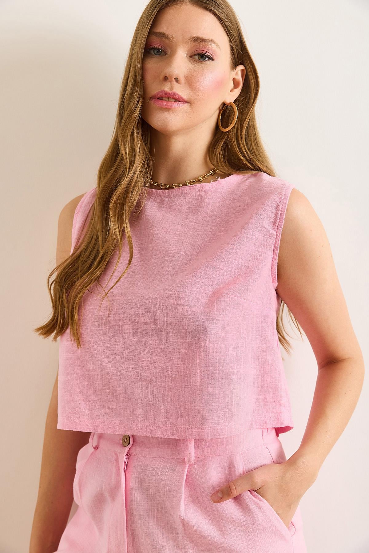 Flam Keten Crop Bluz Pembe