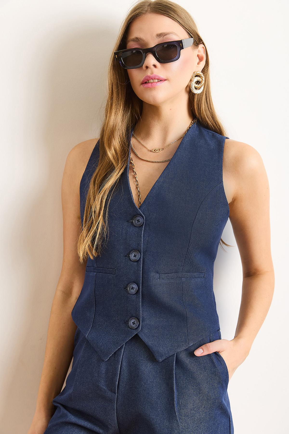 Fleto Cep Düğmeli Astarlı Denim Yelek Lacivert