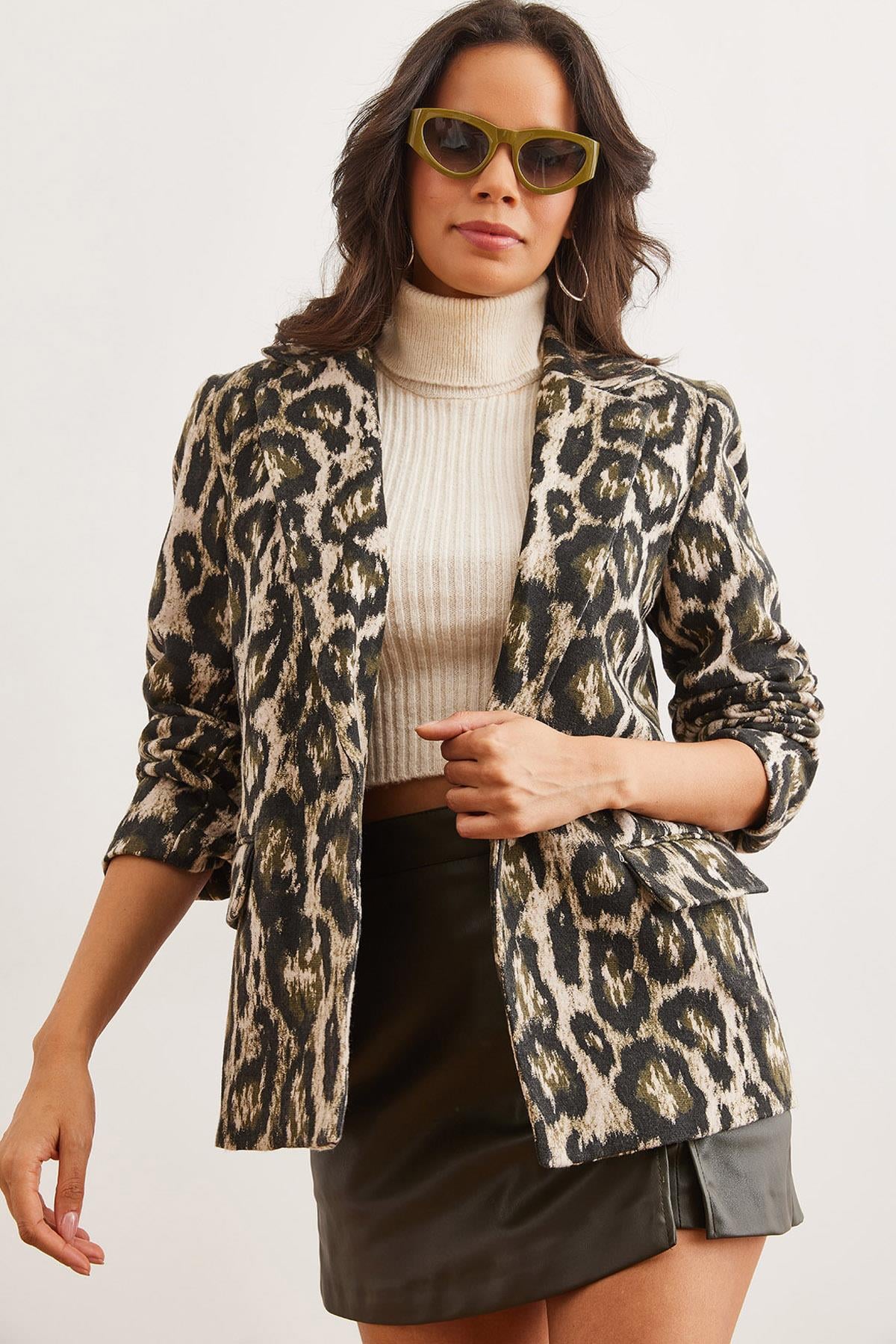 Fleto Cepli Astarlı Kaşe Blazer Ceket Haki Leopar