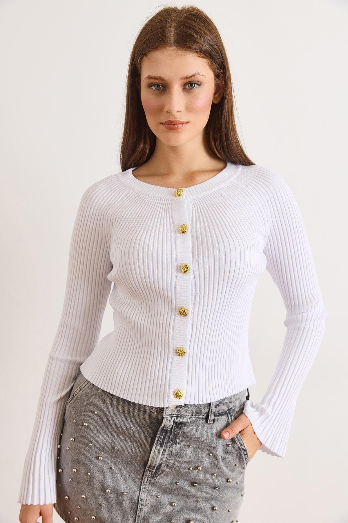 Gold Düğmeli İspanyol Kol Fitilli Hırka Beyaz