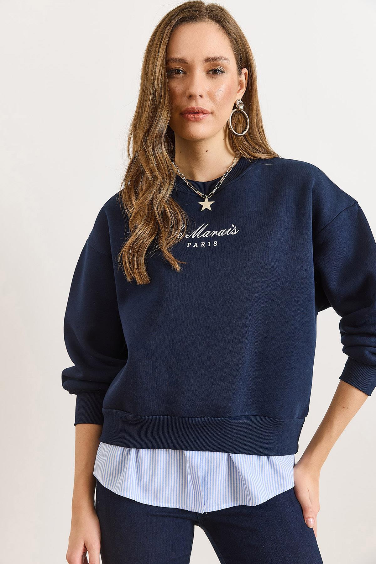 Gömlek Detaylı Şardonlu Kalın Sweatshirt Lacivert