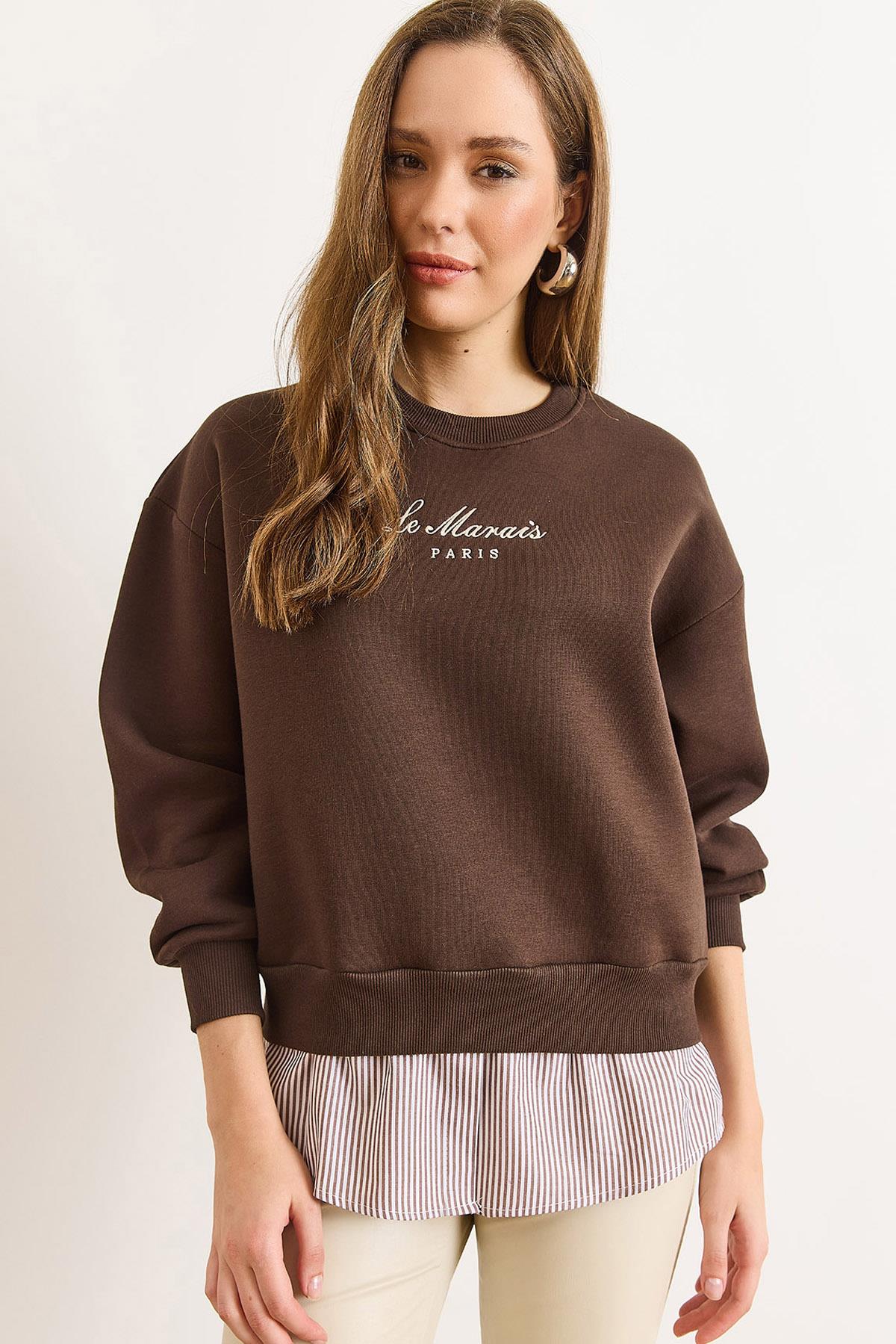 Gömlek Detaylı Şardonlu Kalın Sweatshirt Acı Kahve