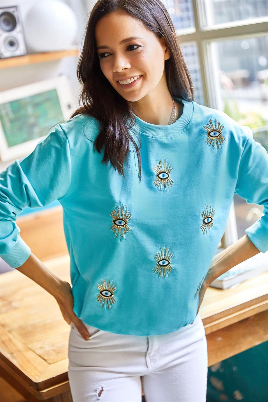 Göz Nakışlı Mevsimlik Sweatshirt Bebe Mavi