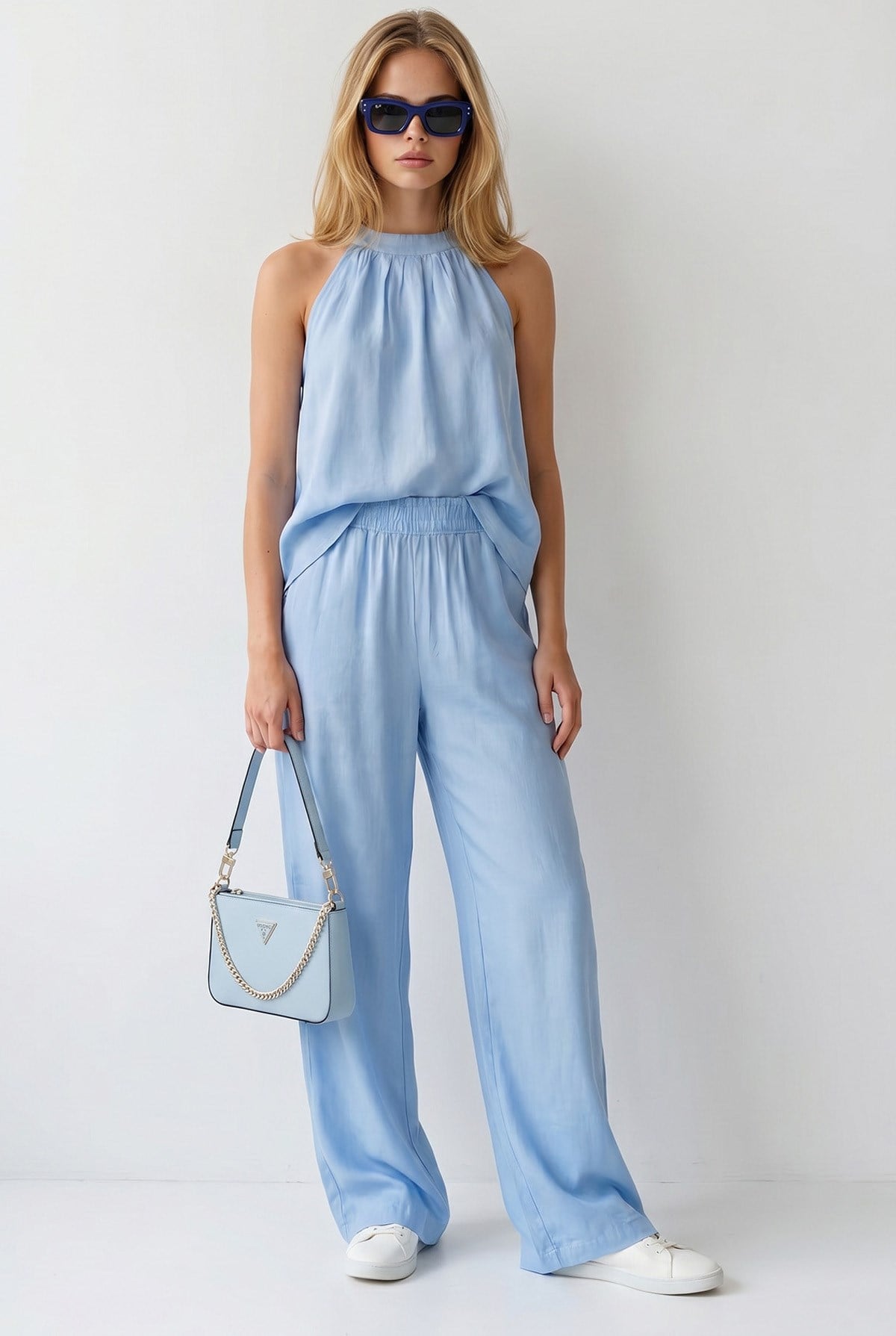 Halter Yaka Bluz Cepli Pantolon Takım Bebe Mavi