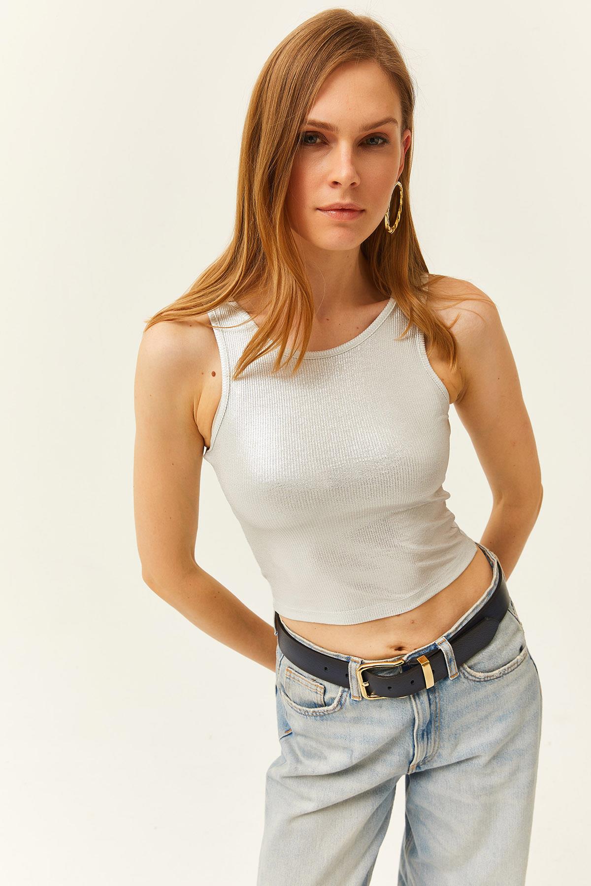 Halter Yaka Likralı Metalik Bluz Ekru
