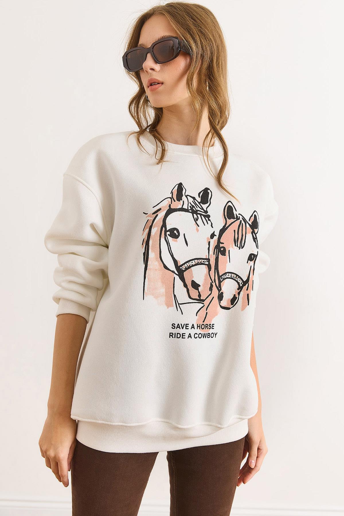Horses Şardonlu Kalın Sweatshirt Beyaz