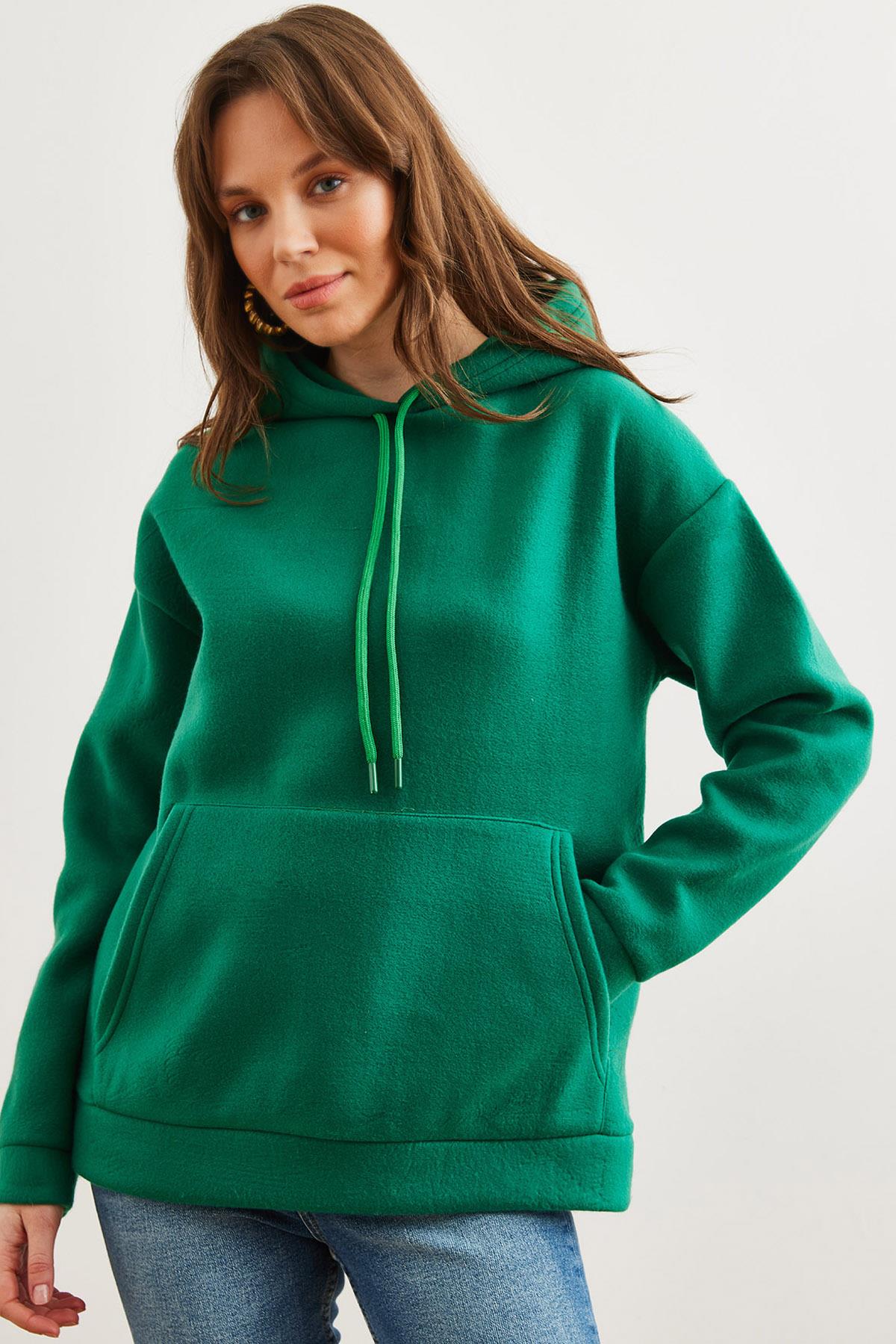 Kapşonlu Kanguru Cepli Polar Sweatshirt Zümrüt Yeşili