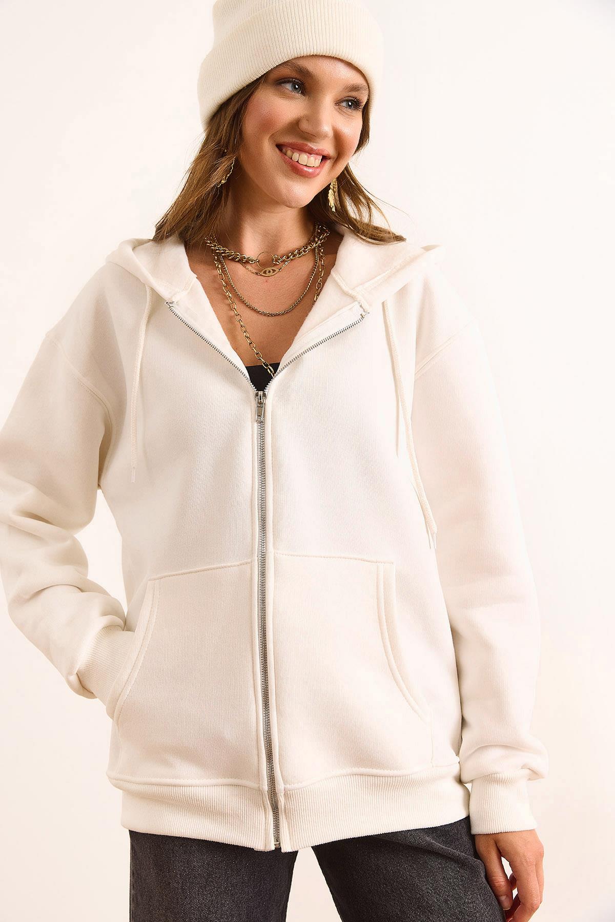 Kapüşonlu Fermuarlı Oversize Şardonlu Sweatshirt Beyaz