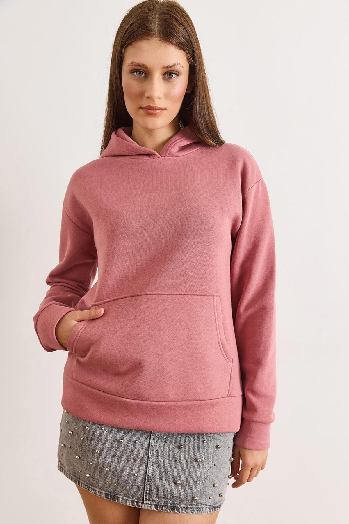 Kapüşonlu Kanguru Cepli Loose Fit Şardonlu Sweatshirt Gül Kurusu