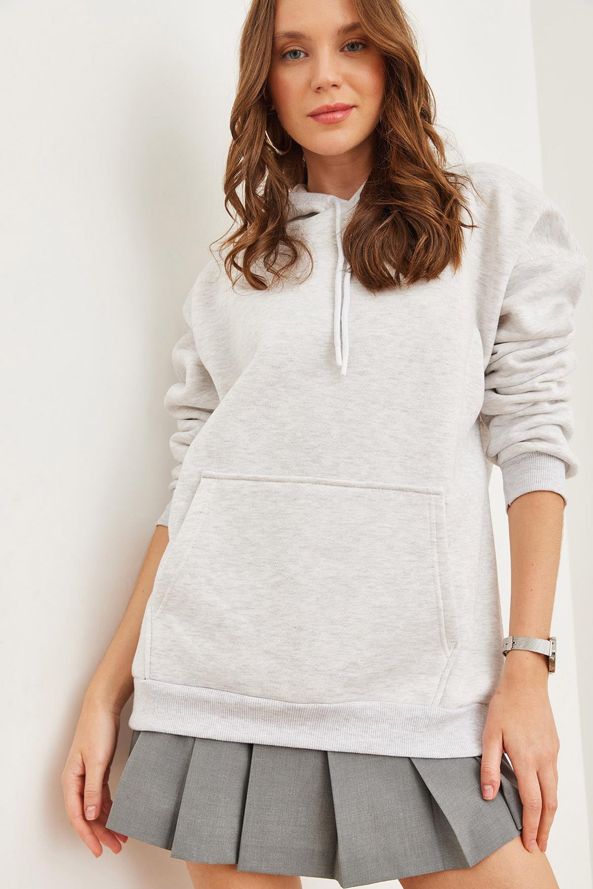 Kapüşonlu Kanguru Cepli Şardonlu Oversize Sweatshirt Gri Melanj