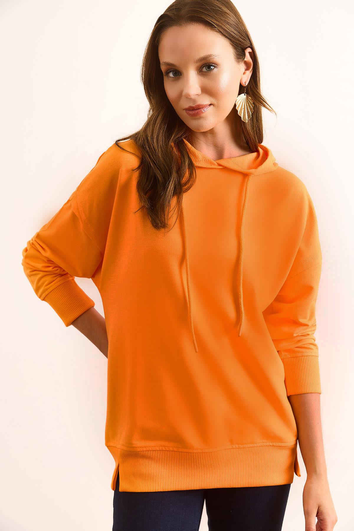 Kapüşonlu Yumuşak Dokulu 2 İp Sweatshirt Turuncu