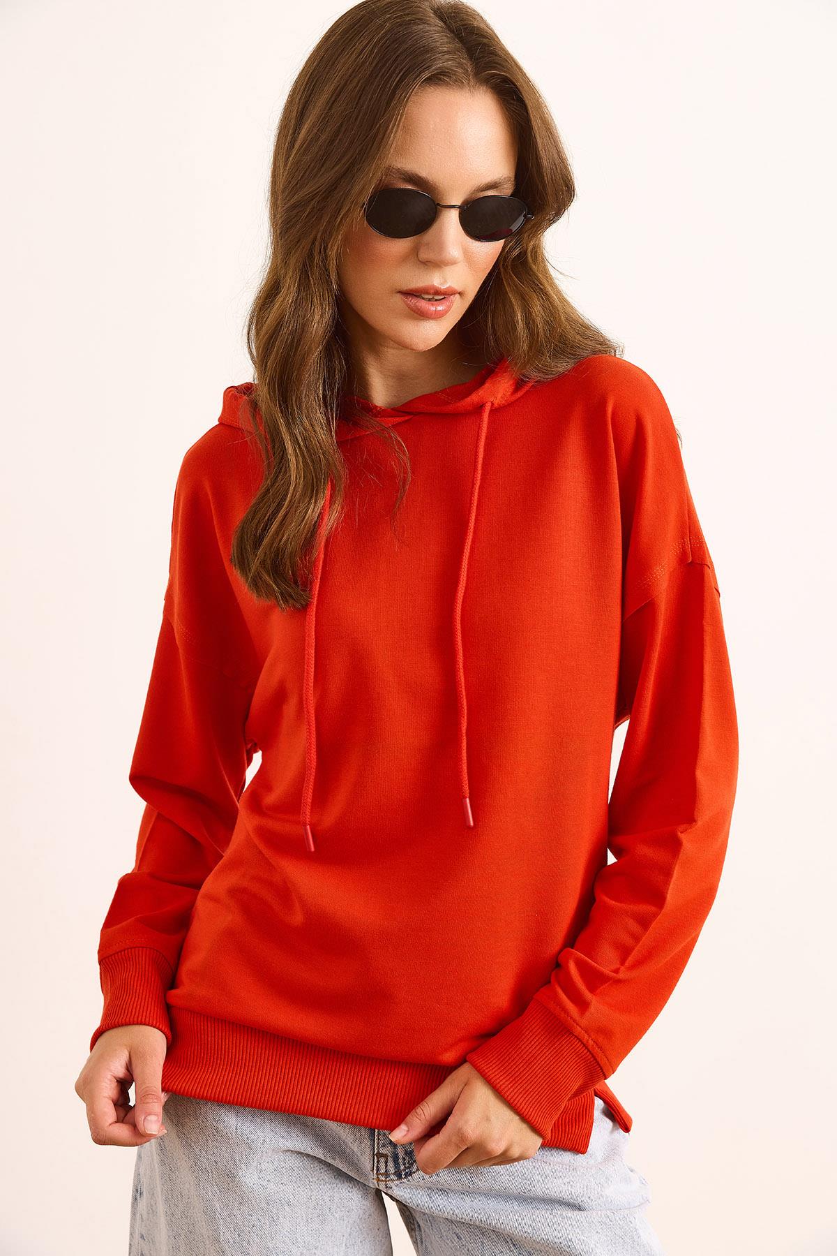 Kapüşonlu Yumuşak Dokulu 2 İp Sweatshirt Mercan