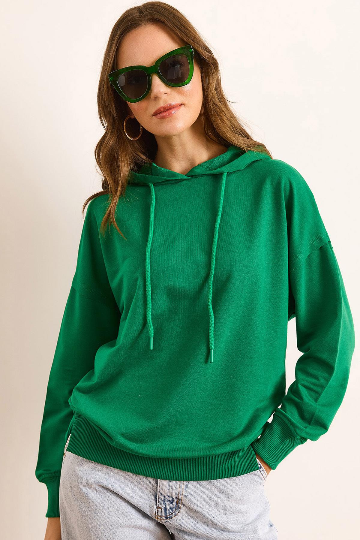 Kapüşonlu Yumuşak Dokulu 2 İp Sweatshirt Yeşil