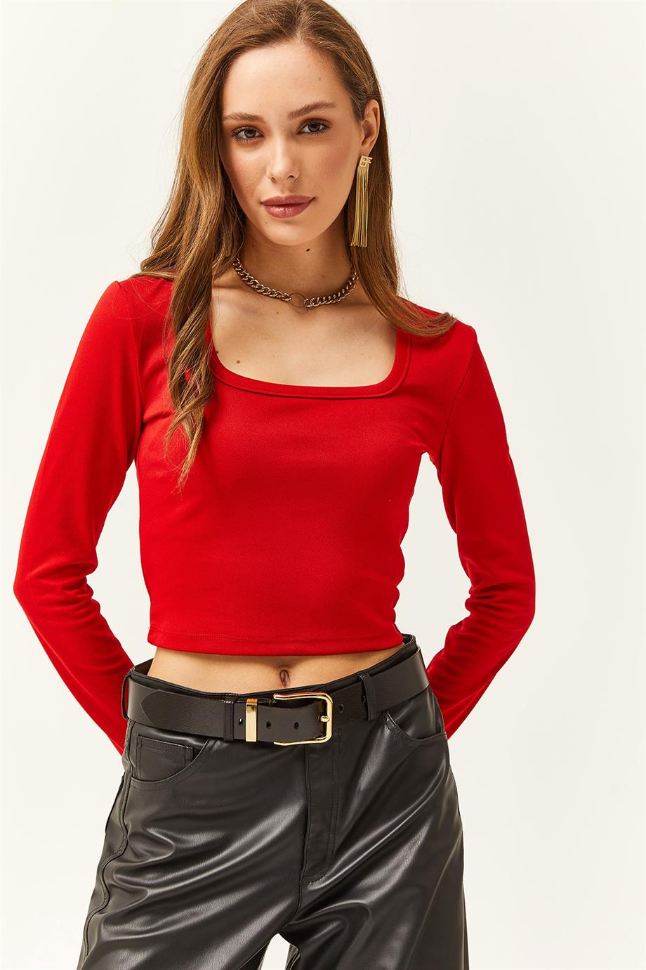 Kare Yaka Basic Crop Bluz Kırmızı