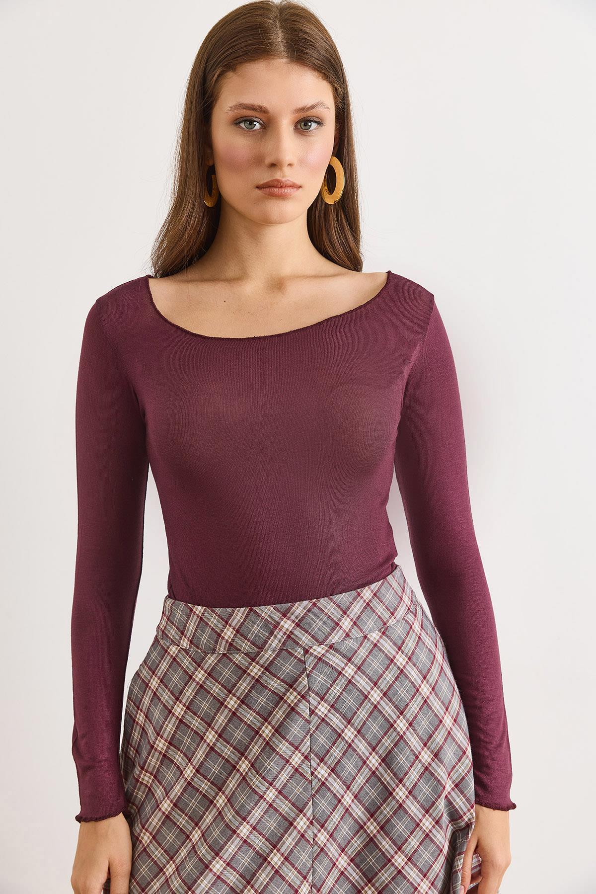 Kayık Yaka Transparan Bluz Bordo