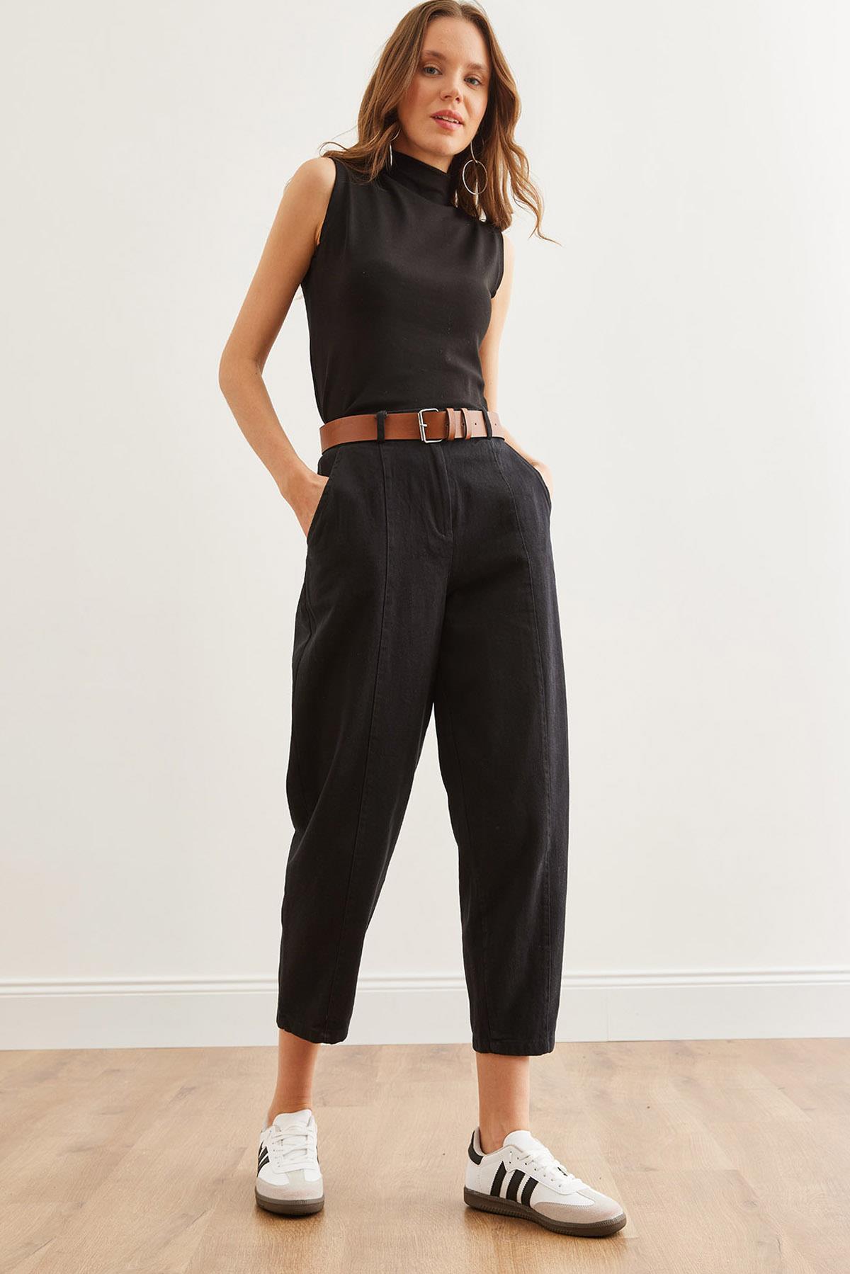 Kemerli Dikiş Detaylı Baggy Gabardin Pantolon Siyah