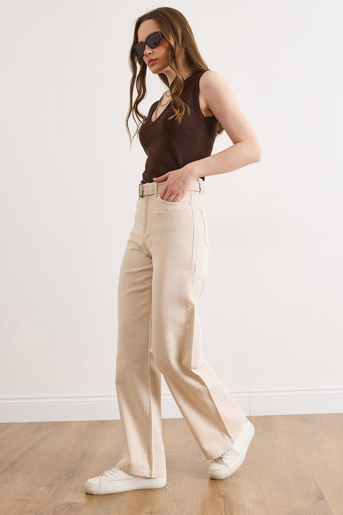 Kemerli Yıkamalı Wide Leg Gabardin Pantolon Taş
