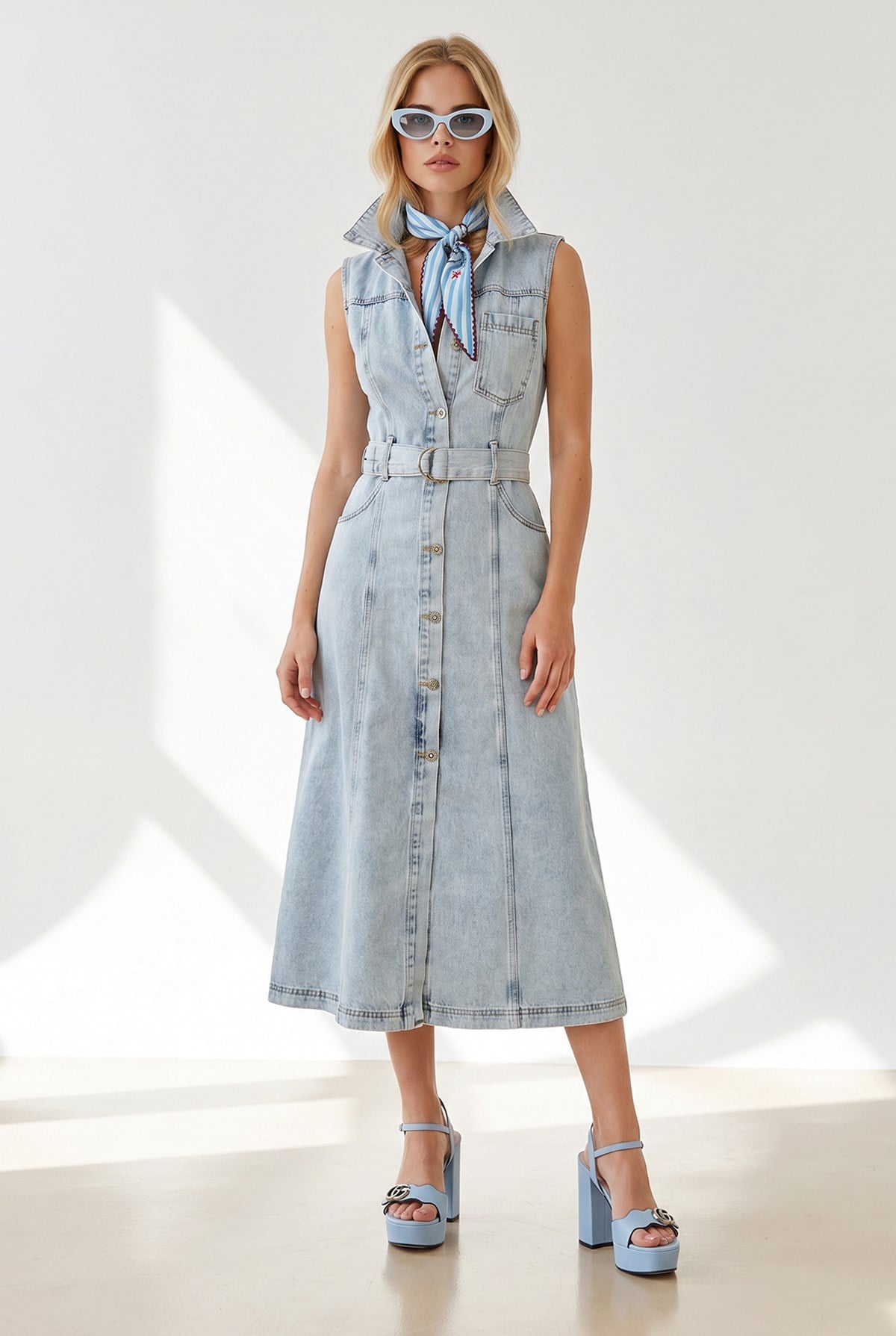 Kolsuz Cepli Kuşaklı Uzun Denim Elbise Mavi Kar
