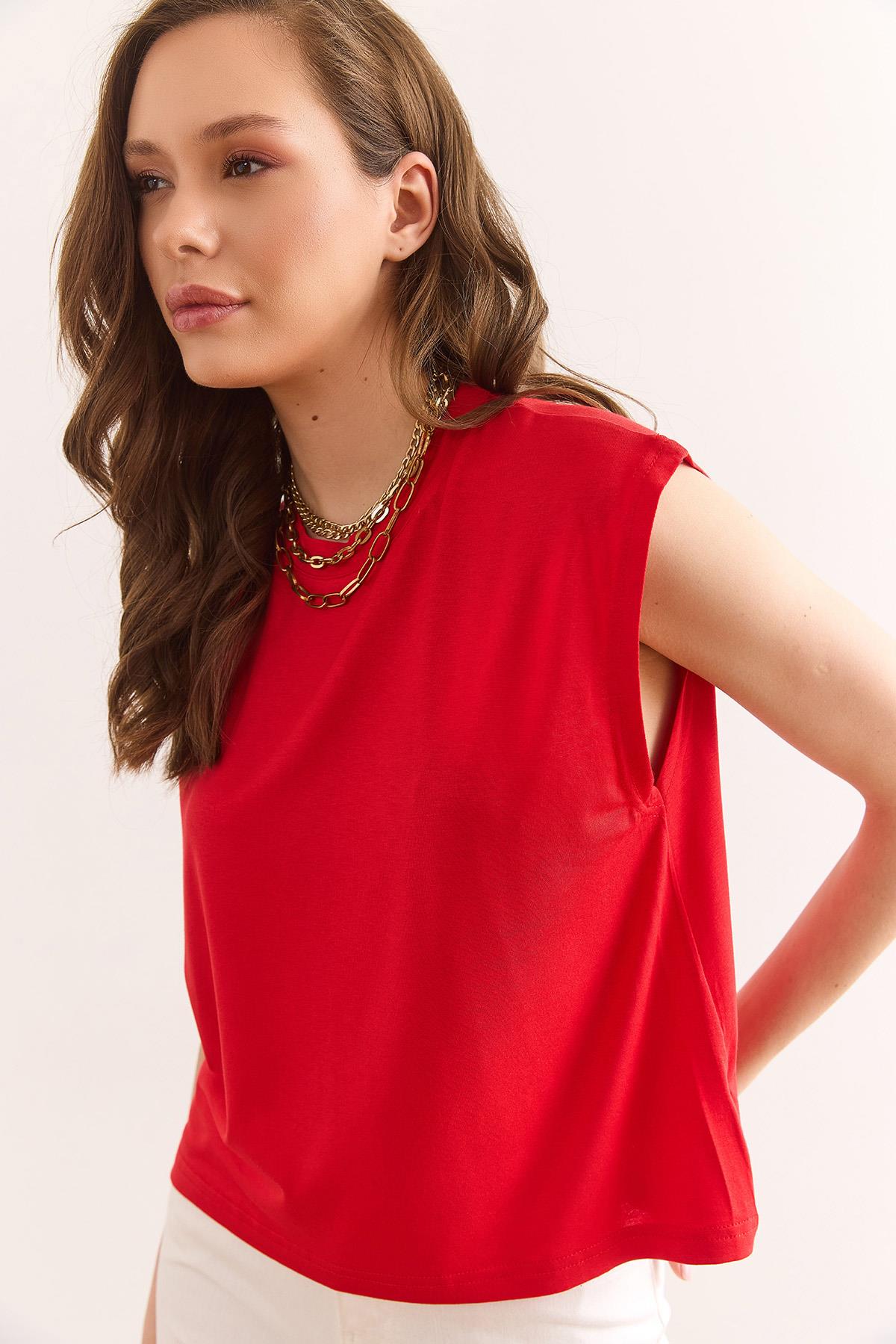 Kolsuz Crop Dökümlü Top Bluz Kırmızı