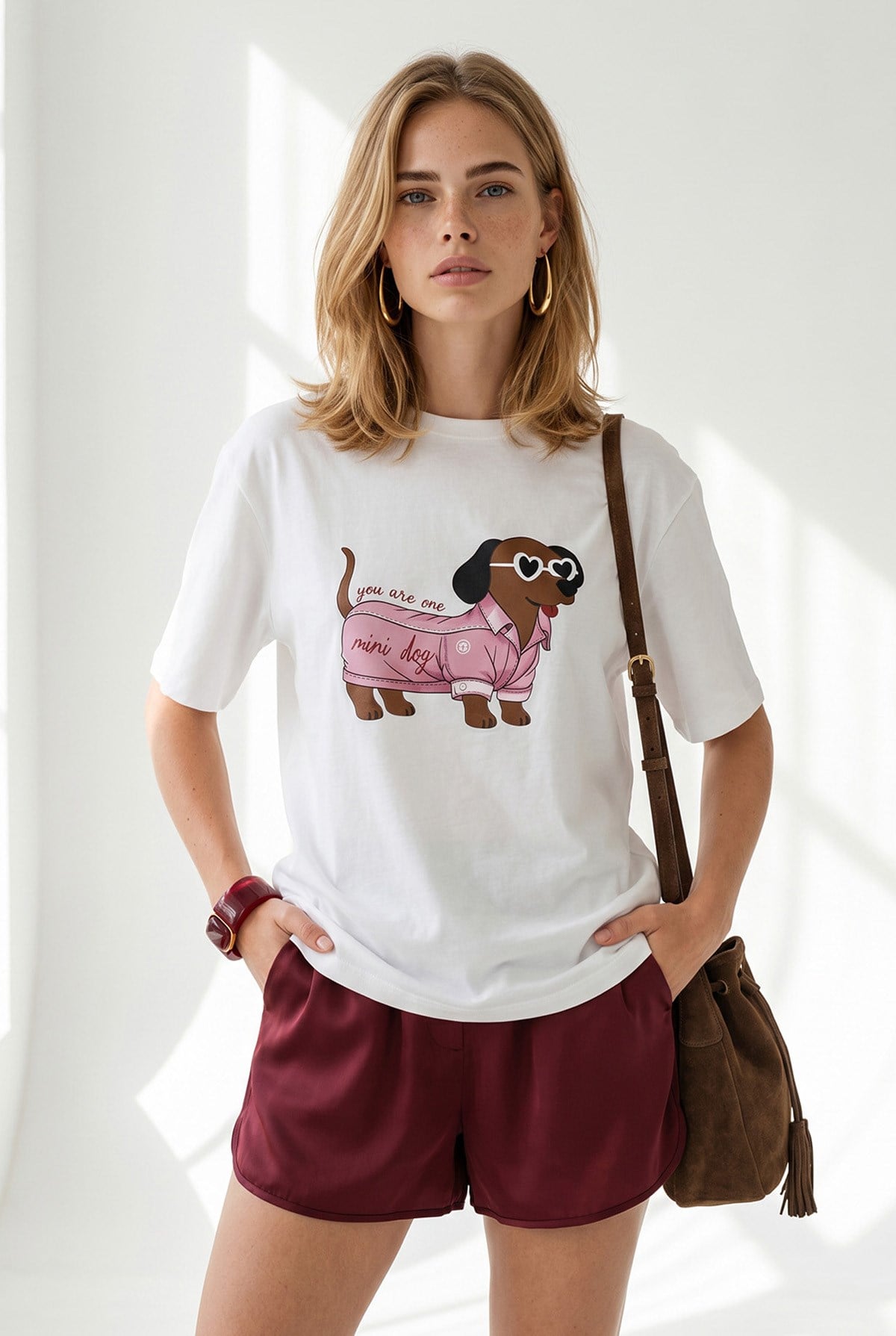 Köpek Baskılı Boyfriend Pamuk Tişört Beyaz