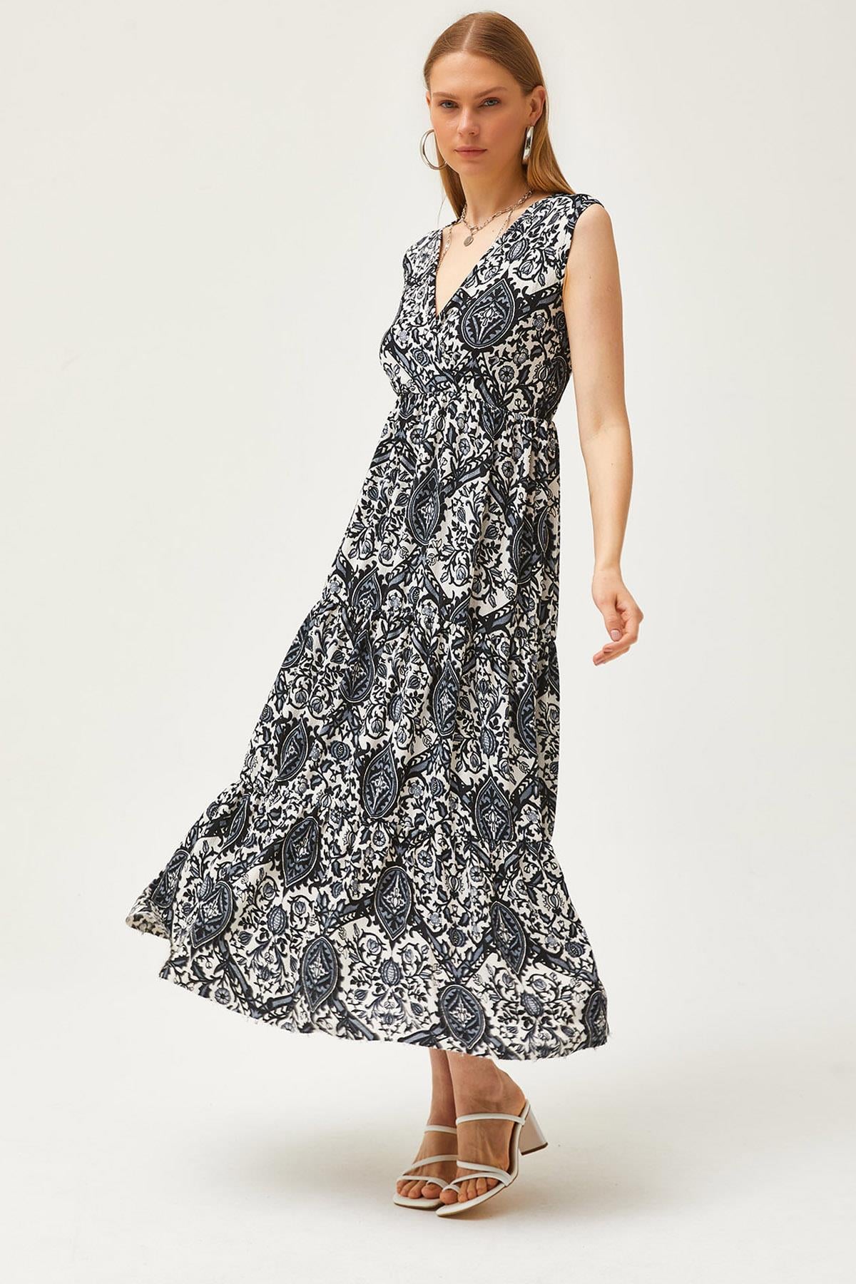 Kruvaze Yaka Desenli Maxi Örme Elbise Şal Siyah