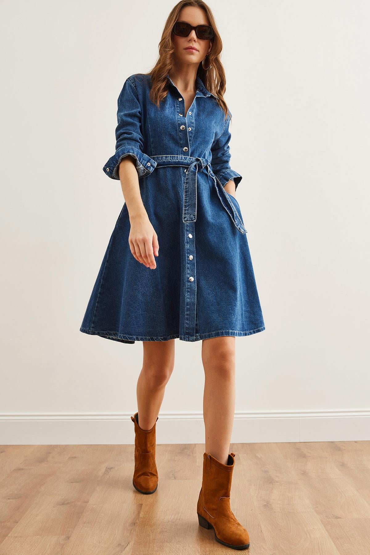 Kuşaklı Cepli Kloş Denim Elbise Koyu Mavi